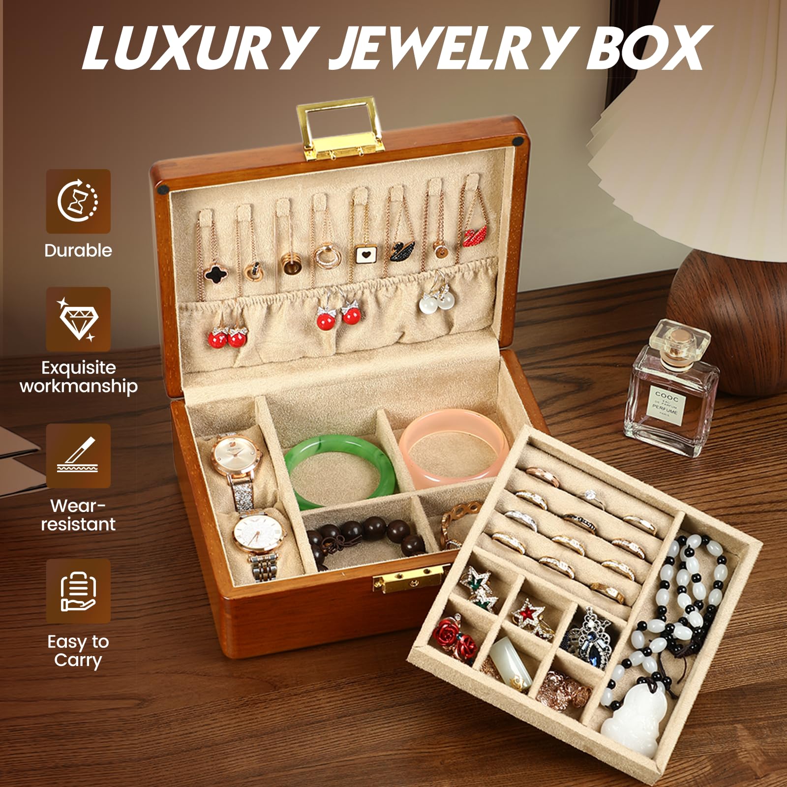 Pudełko na biżuterię z zamkiem, 2-poziomowe solidne drewno orzechowe vintage drewniany organizer na biżuterię dla kobiet mężczyzn aksamitna podszewka na kolczyki, pierścionki, naszyjniki,