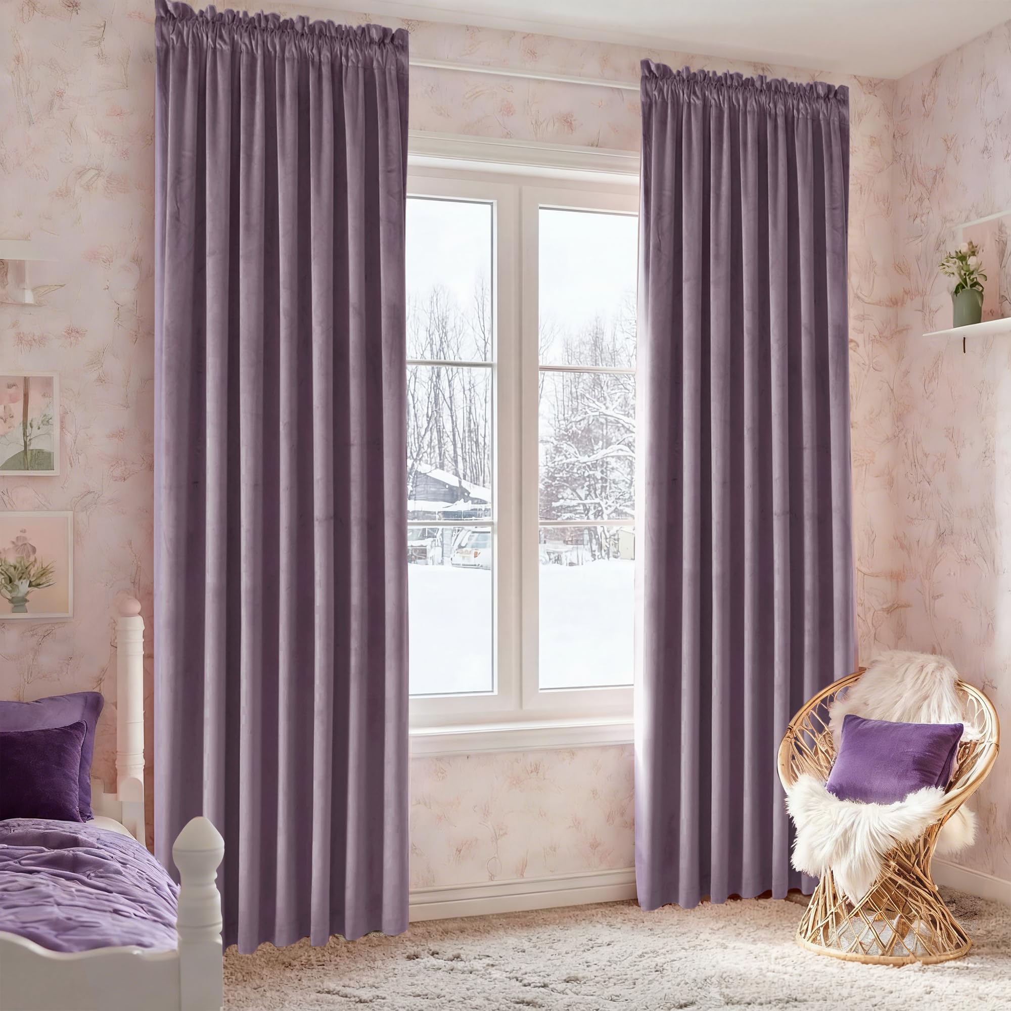 JIUZHEN Cortinas Opacas de Terciopelo Lavanda de 108 Pulgadas de Largo, Suaves, Retro, con Aislamiento térmico y reducción de Ruido y Bolsillo para cortinero, para Sala de Estar, 70 Pulgadas de Ancho