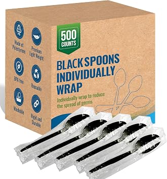 Plastic Black Spoons Disposable Individually Wrapped - Medium Weight 500pcs. - Ideal for House Party, Backyard BBQ, Picnic, Home