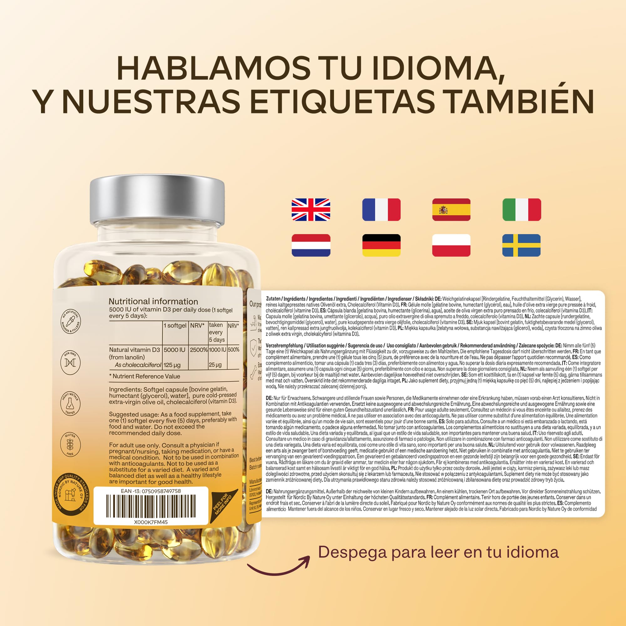 Vitamina D3 Natural [5000 UI] Depot - Altamente Concentrada - con Aceite de Oliva Extra Virgen para una Absorción Óptima - Favorece la Función Ósea e Inmunológica - Complemento Alimenticio - 365 Cáps