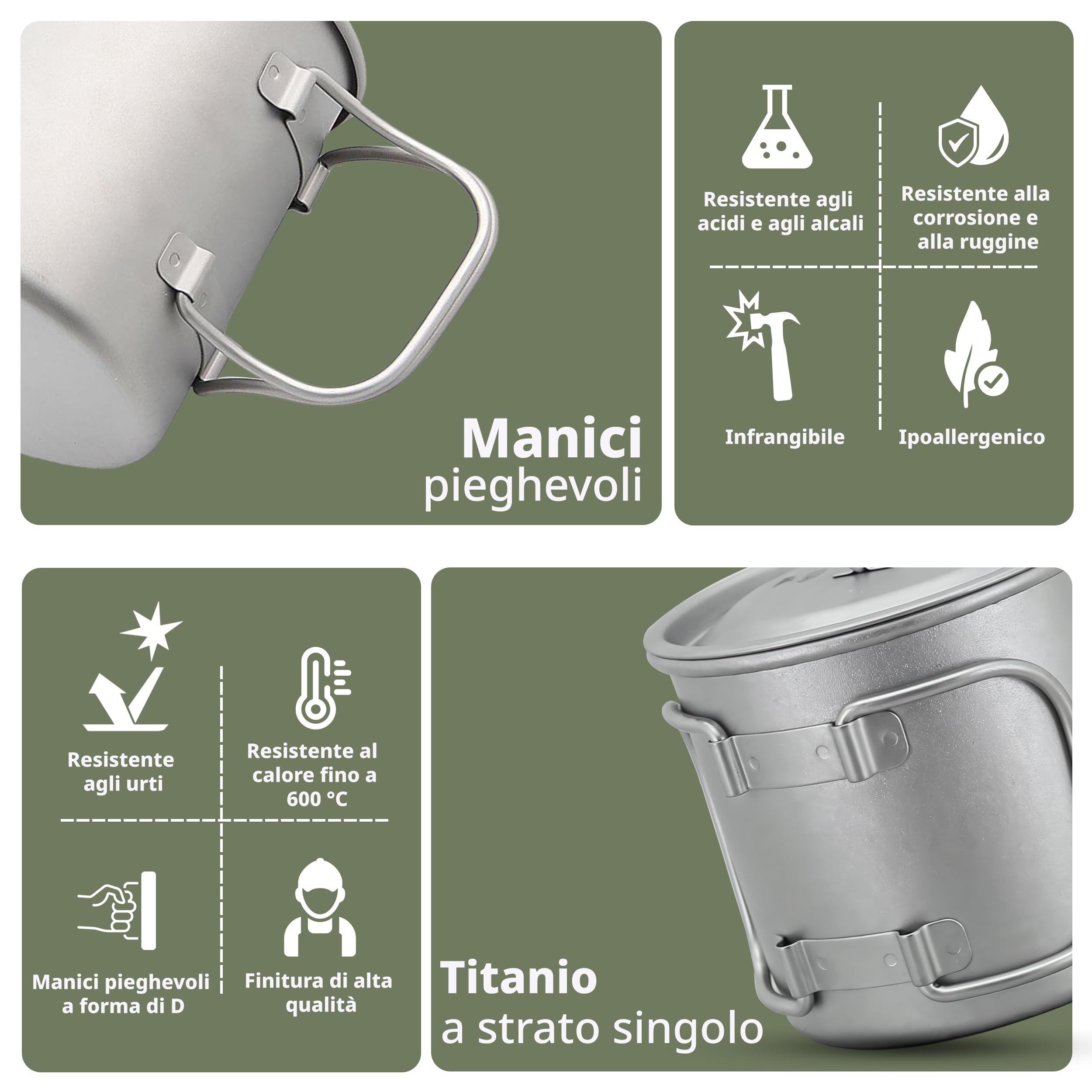 Keith Tazza in Titanio 450 ml Ti3204 con Coperchio e Manico Pieghevole, Leggera e Resistente, Ideale per Tè e Caffè in Campeggio, Trekking, Picnic, Gavetta Scout e Viaggi Outdoor
