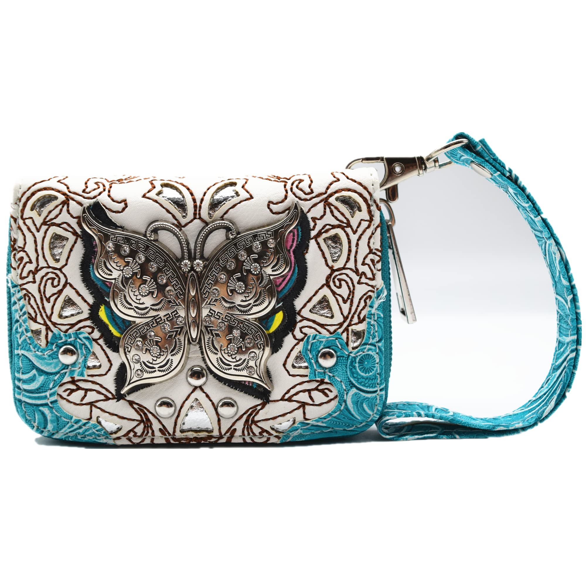 Western Style Butterfly Credit Card Wallet Leather Zipper Card Case Holder for Women Small Wristlet Mini Slim Compact Size