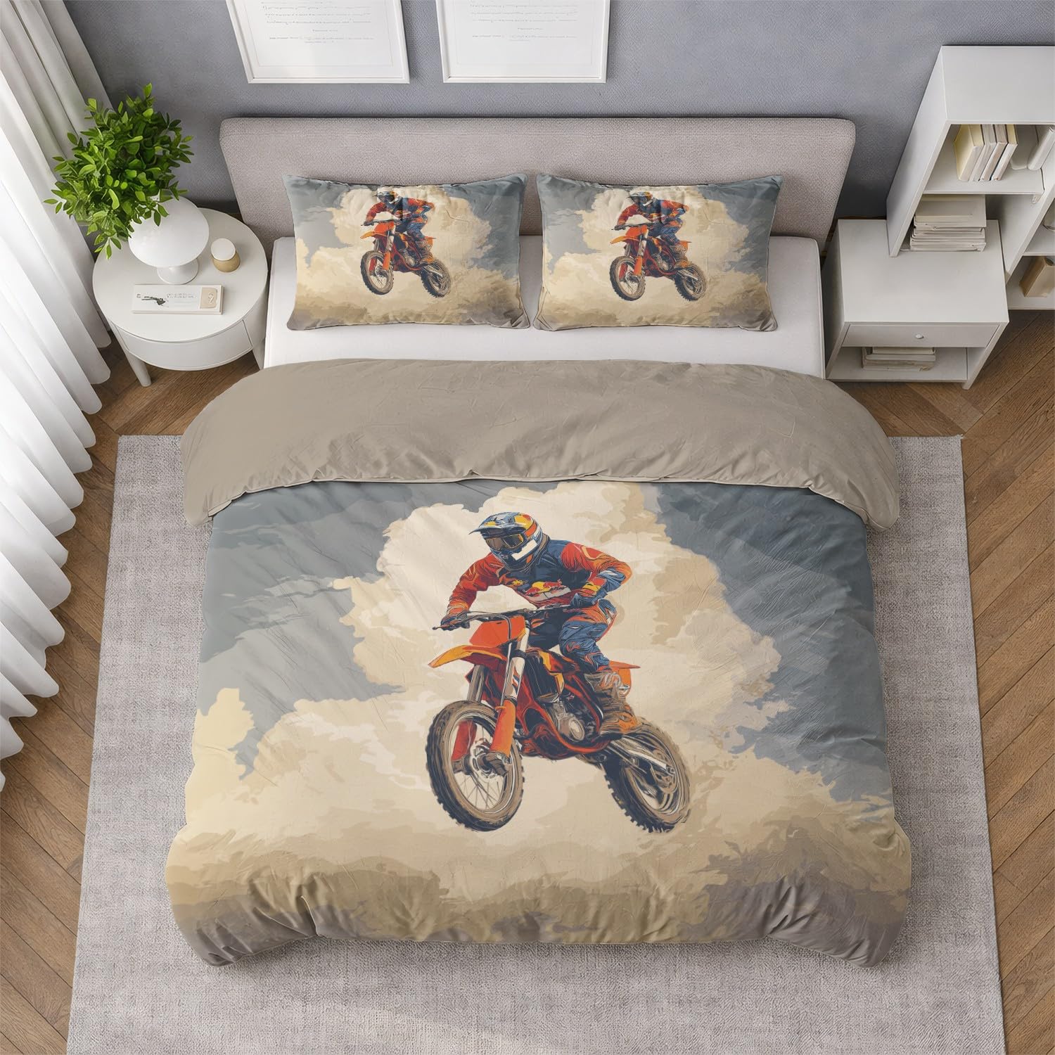 Beżowa Nowoczesna Mgła Motocyklowa Poszwa na kołdrę 180 x 220 cm, Anime Miękka mikrofibra Dwustronny zestaw pościeli z zamkiem błyskawicznym 3-częściowy z 2 poszewkami na poduszki