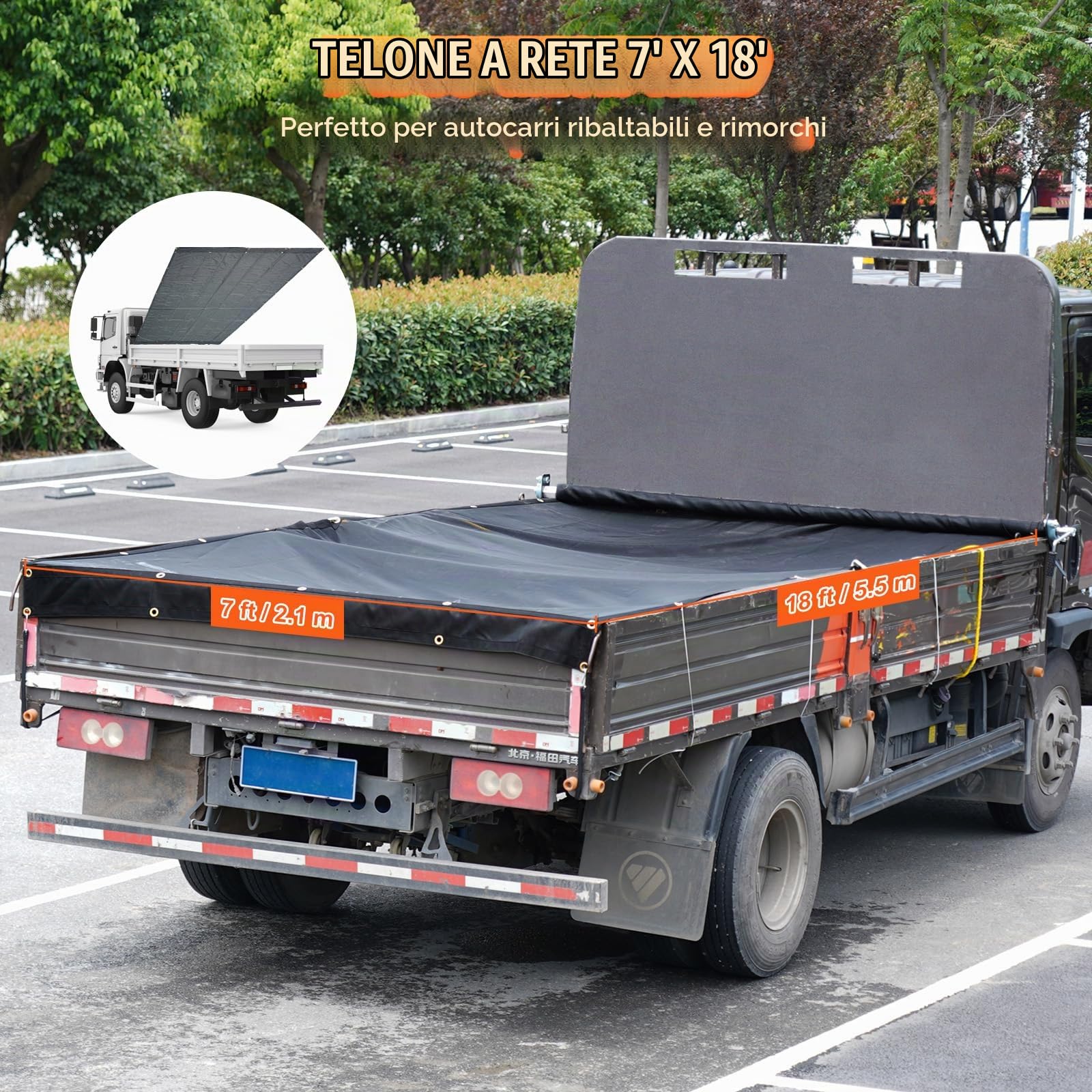 VEVOR Telo in Rete per Autocarro con Cassone Ribaltabile, 7 x 18 Piedi, Copertura Nera Resistente Rivestita in PVC con Doppia Tasca da 5,5" 18 Once, Occhielli in Ottone, Fettuccia Doppia Cucitura