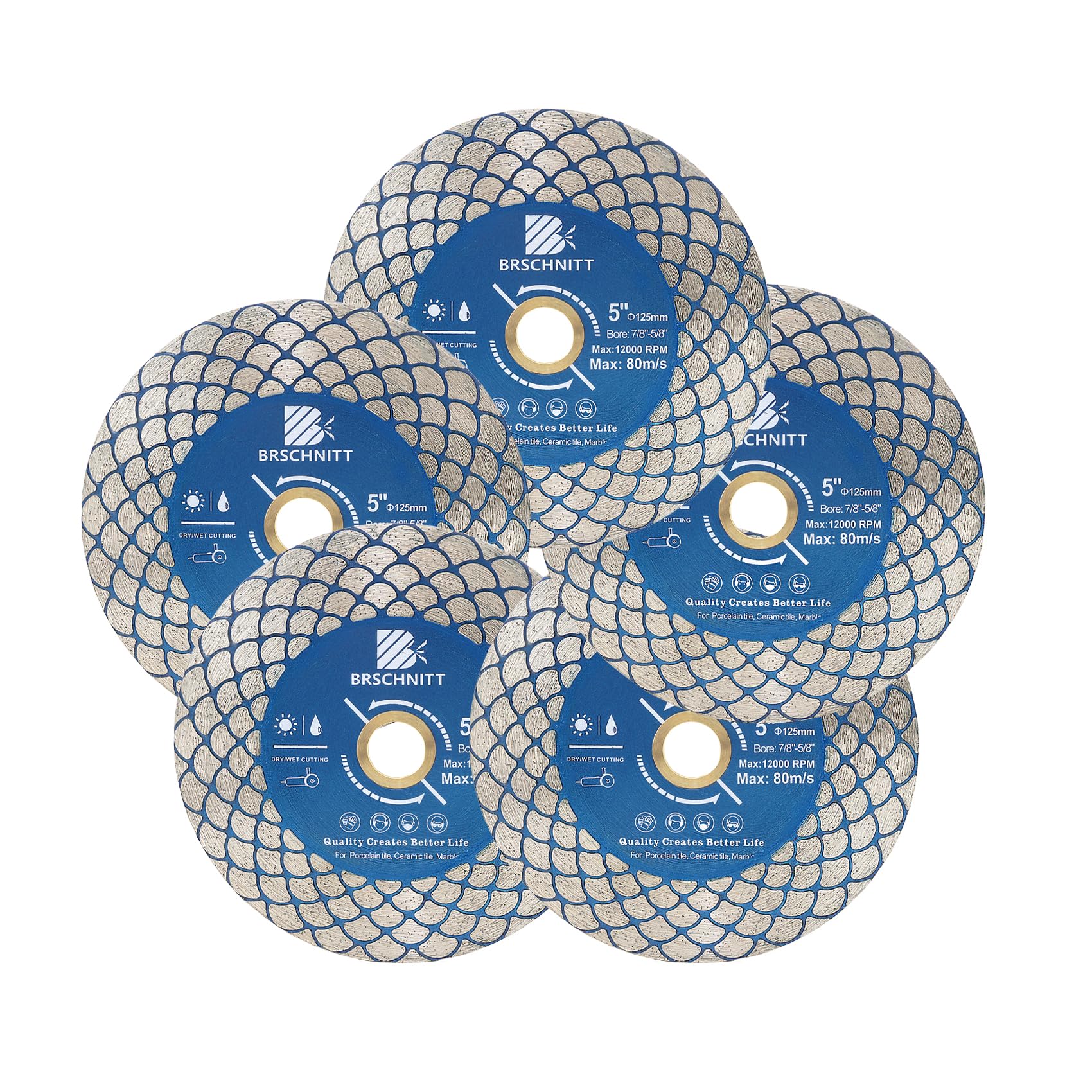 Diamond Saw Blade Tile Cutting Disc 5 inch - BRSCHNITT for 7/8”- 5/8” Arbor Angle Grinder for Cutting Grinding Porcelain Ceramic Marble Artificial Stoneware(5pcs)
