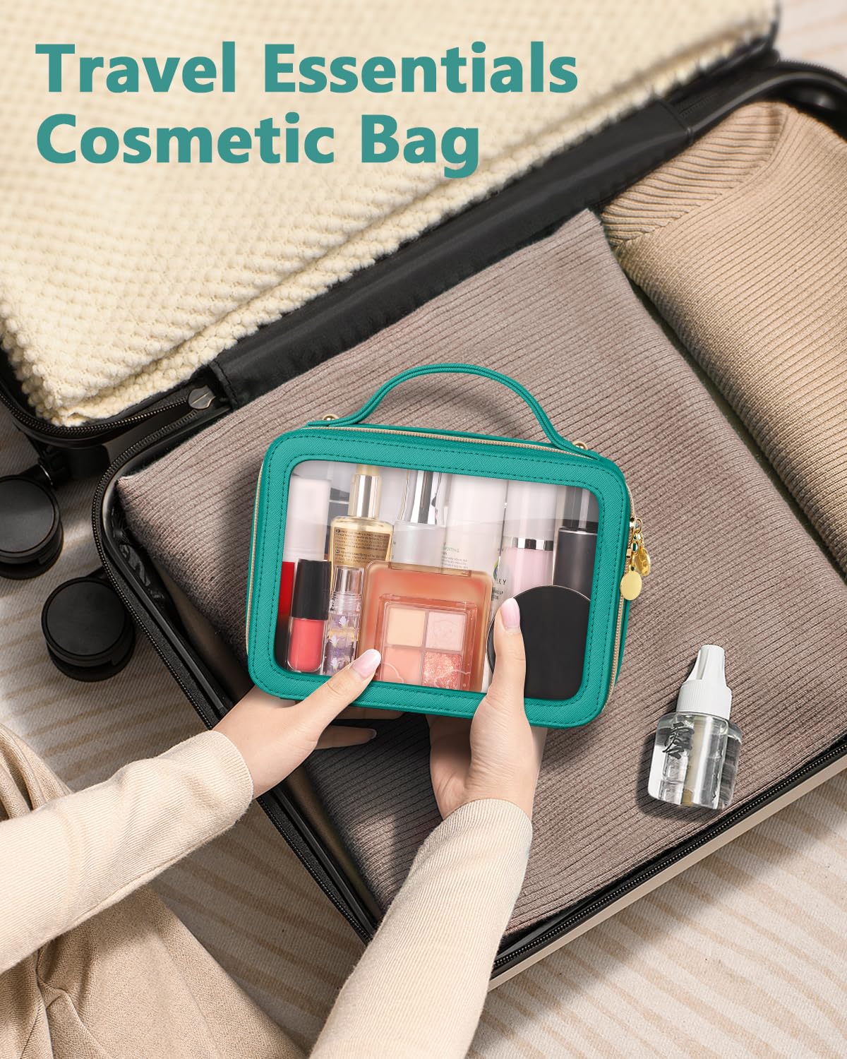 Soimeat Bolsa de maquillaje transparente, bolsas de cosméticos de viaje portátiles, bolsa de aseo multiusos de cuero con cremallera, organizador de cosméticos transparente impermeable para mujeres,