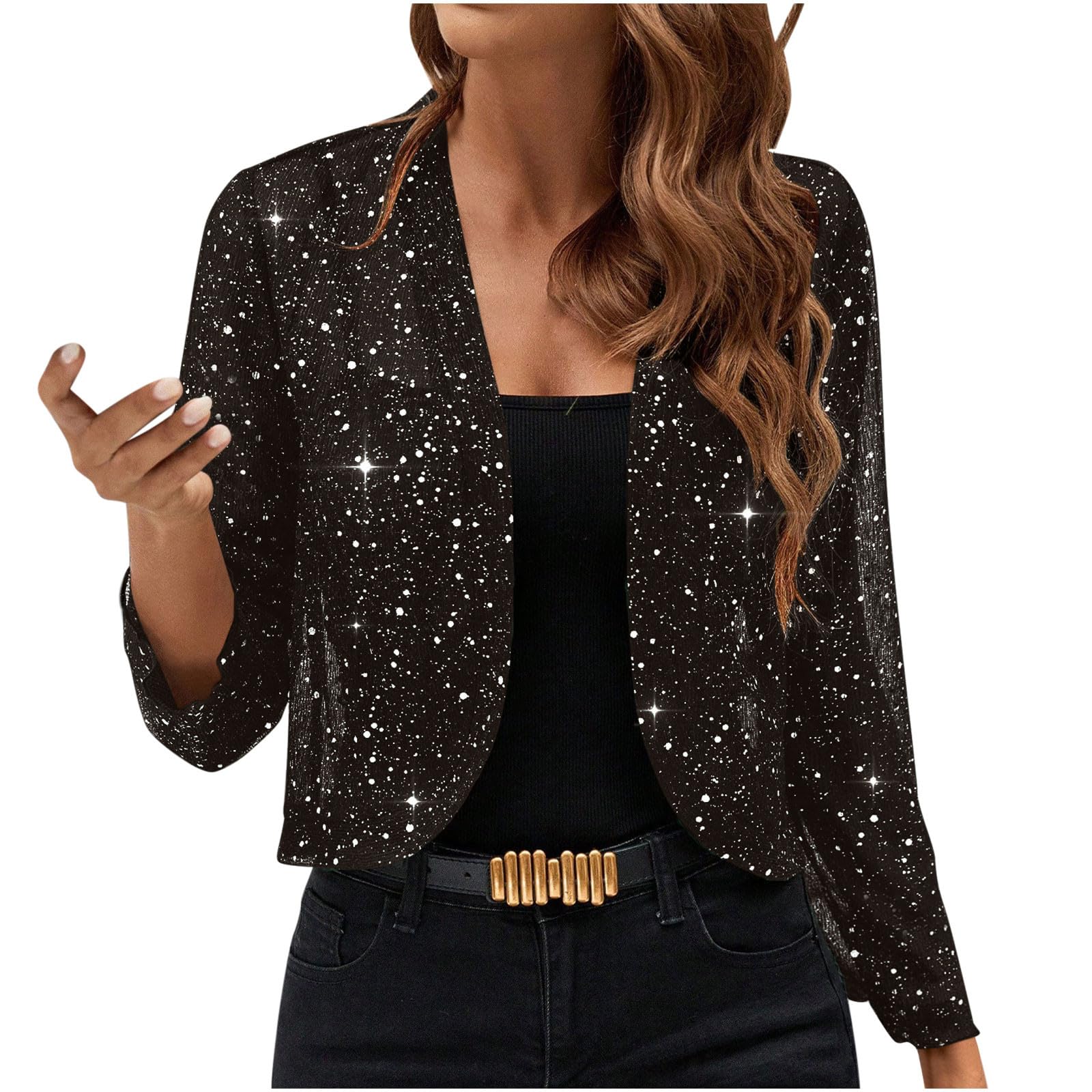 Cropped Sequin Cardigans for Women Long Sleeve Open Front Glitter Party Coats Ladies Sparkle Short Blazer