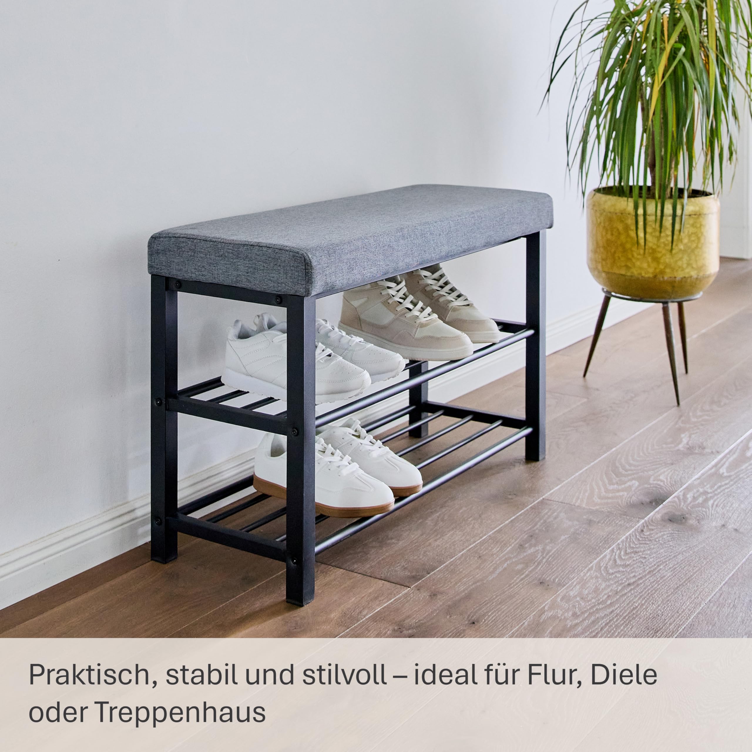 Love IT Store IT Loft Schuhbank mit Sitzfläche - Schmales Schuhregal mit Sitzbank und 2 Ablagen - Einfacher Aufbau - Schwarz/anthrazit - 80x31x50 cm