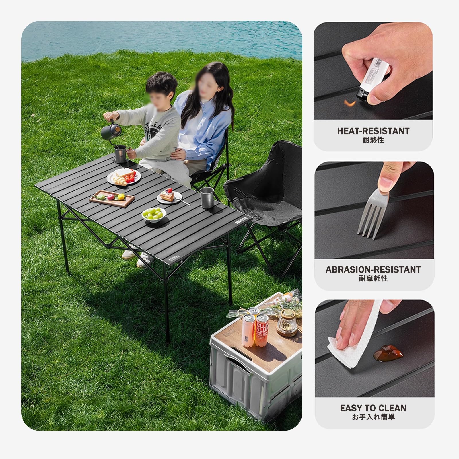 Tragbares Picknicktisch und Stuhl-Set, zusammenklappbarer Campingtisch mit Tragetasche, Outdoor-Essen, Reisen, Angeln, unverzichtbare Campingausrüstung (schwarz, 54 cm + 2 Stühle)