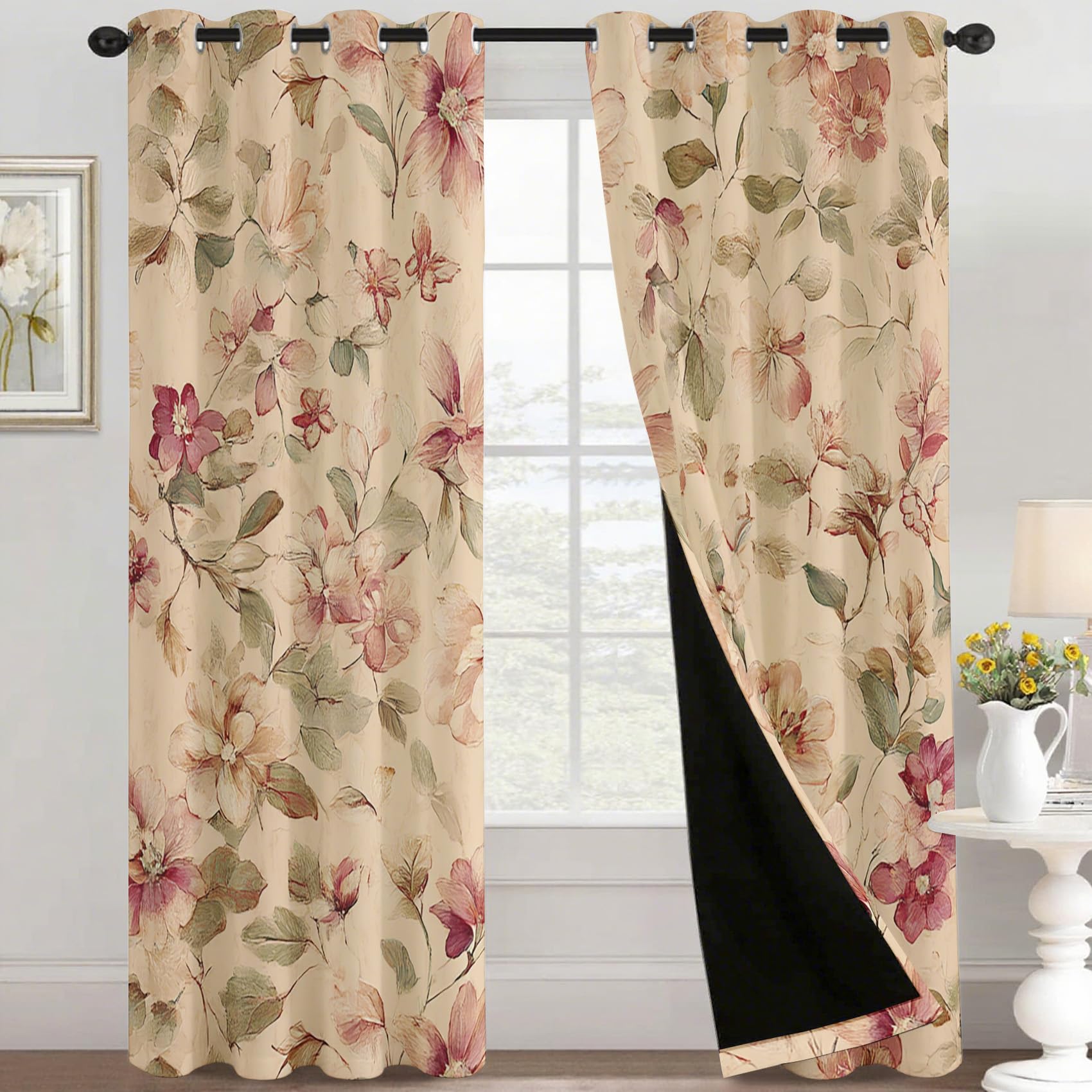 95% Blickdichte Vorhänge Vintage Blumen, Thermo Verdunklungsvorhänge mit Ösen, Bauernhaus Landhausstil Blumenmuster Fenster Gardinen Wohnzimmer Schlafzimmer Deko, 2er Set H 137 x B 117 - D230