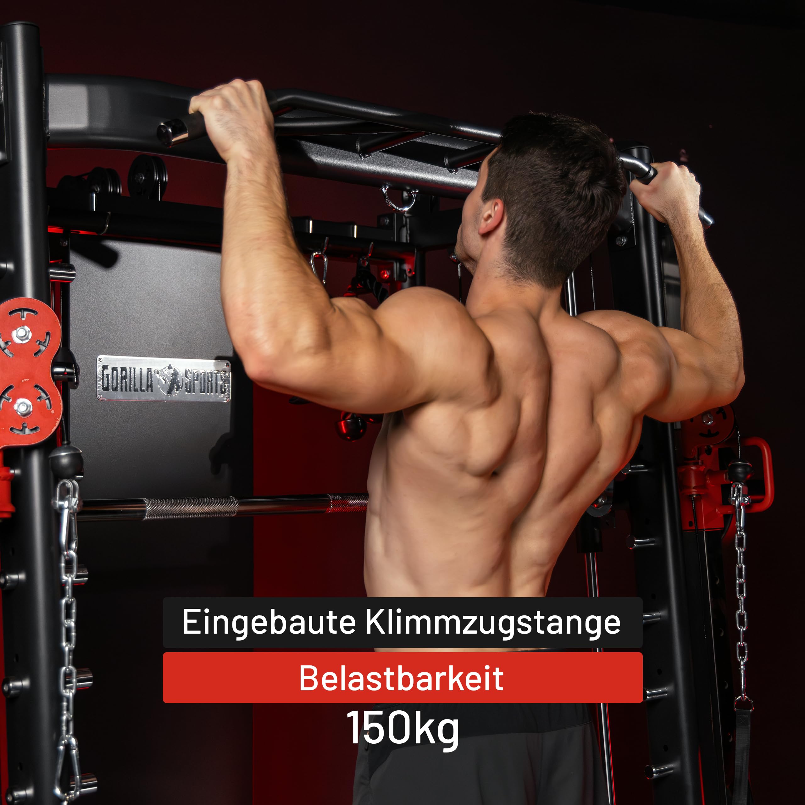 GORILLA SPORTS® Smith Maschine - mit Klimmzug, Rudern, Dip Station, Bizeps/Trizepsgriff, Langhantel und Hantelscheiben Aufnahme, Verstellbar, Stahl - Multipresse, Power Rack, Kraftstation, Power Cage