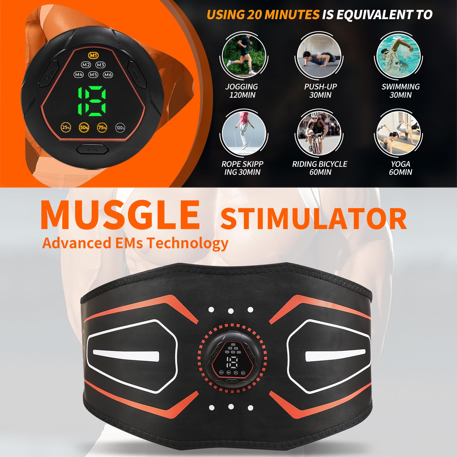 Fitness Belt,Model KLT-07,ABS Stimulator,Ab Machine,Abdominal Toning Belt,Fitness Training Ab Trainer Equipment for Home,Fitness Strength Training Workout Equipment for Men and Women Orange red