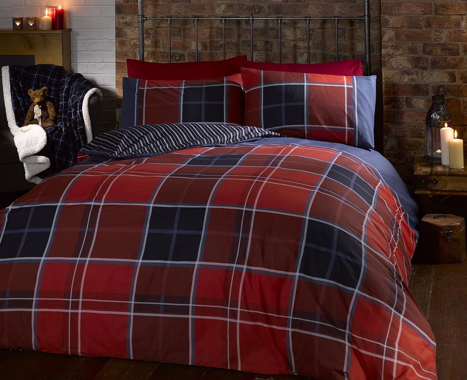 Argyle Single Quilt Duvet Cover and Pillowcase Reversible Bedding Bed Set, Tartan Check - Red