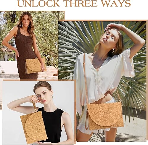 Miniatura 4 de Bolso de mano de paja para mujer, tejido de ratán, bolso tipo sobre cruzado, cartera, bolsos de hombro para el verano