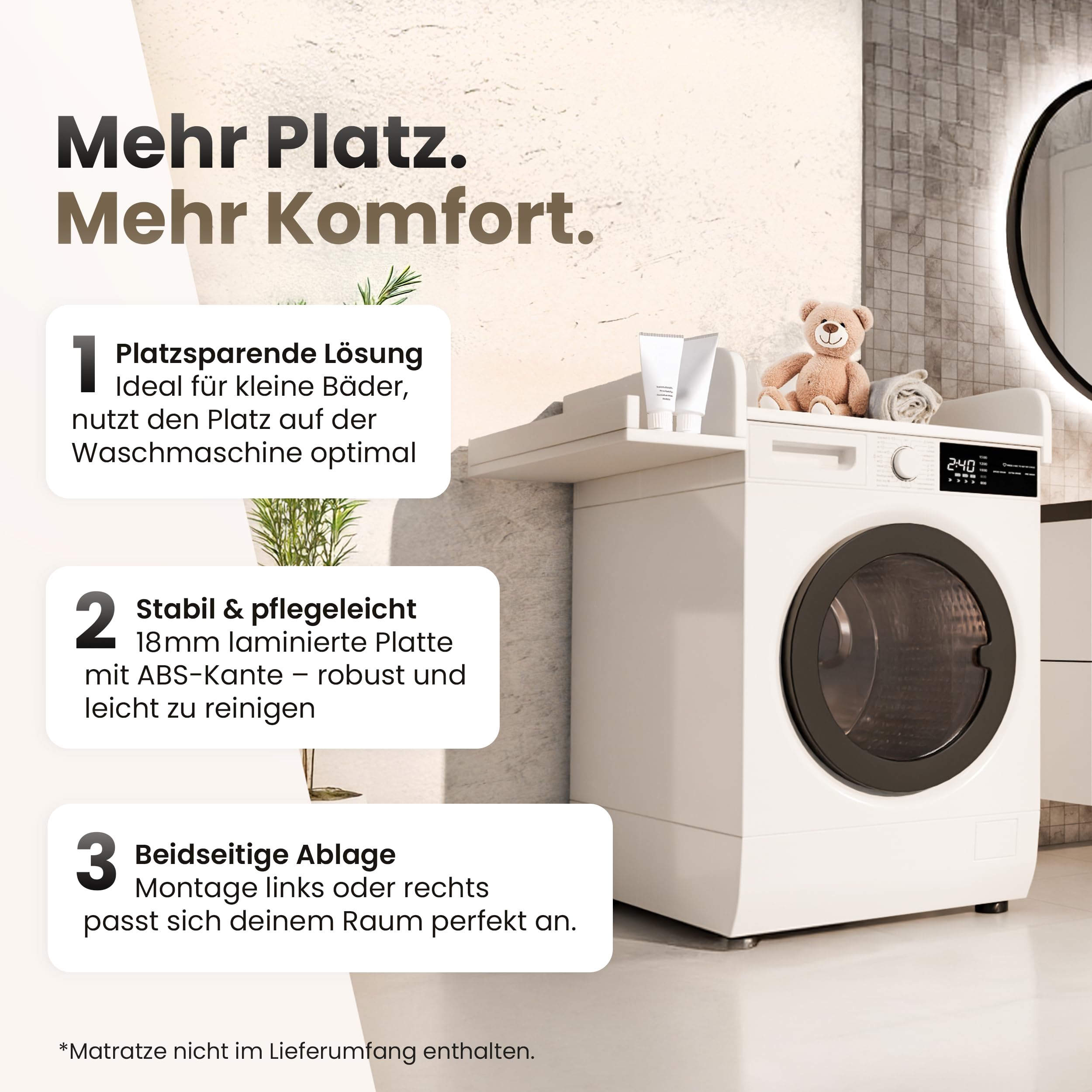 Wickelaufsatz für Waschmaschine – Wickelauflage 60x70 cm – Laminierte Holzplatte – Kaschmir – 82x72x10 cm – Sicherer & Platzsparender Wickeltischaufsatz