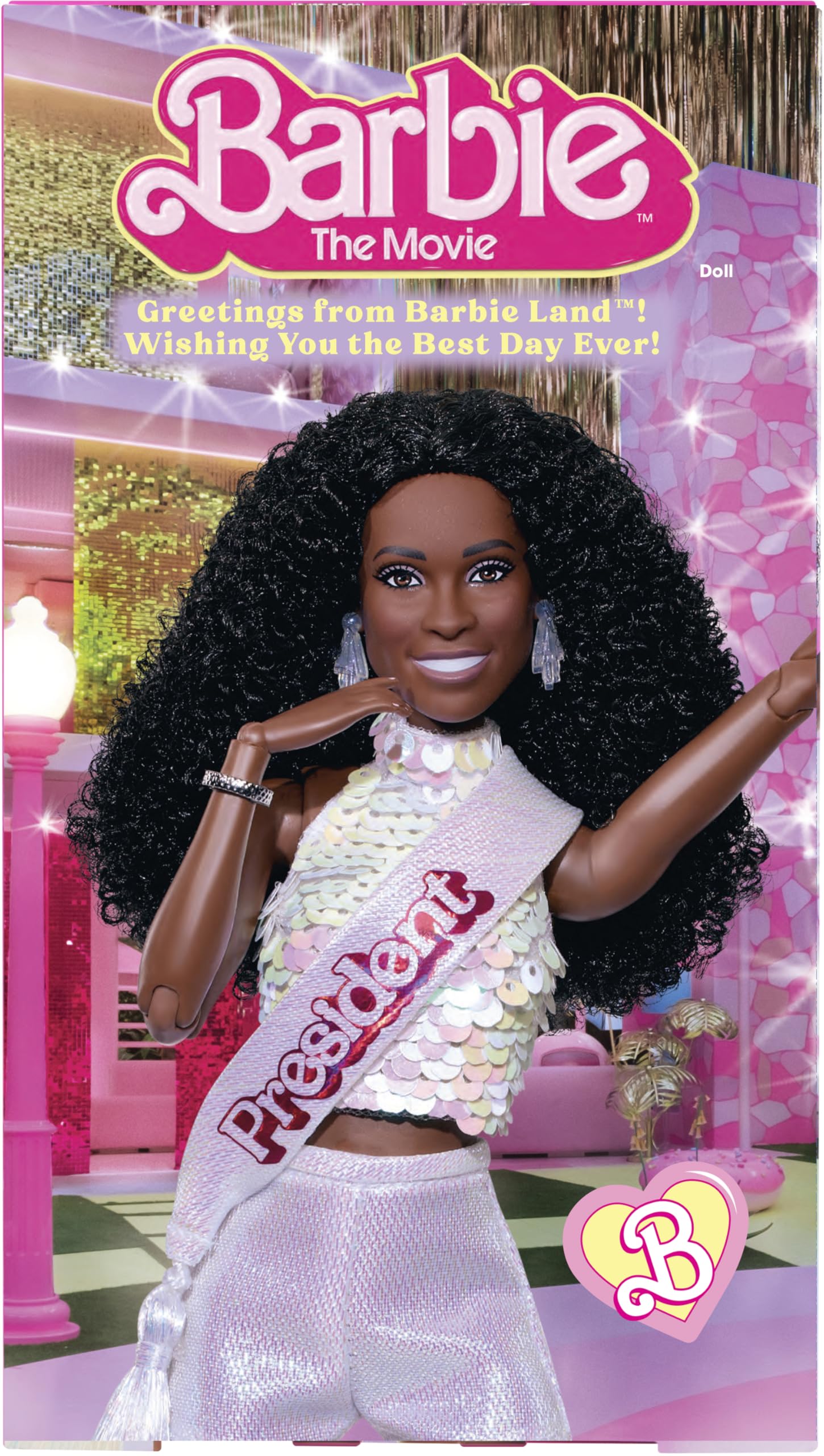 Barbie Movie Prezydentka Filmowa lalka kolekcjonerska, Issa Rae jako Prezydentka Barbie, kręcone ciemne włosy, połyskująca biała koszulka i szorty oraz prezydencka wstęga, zabawka dla dzieci 6+, JBJ55