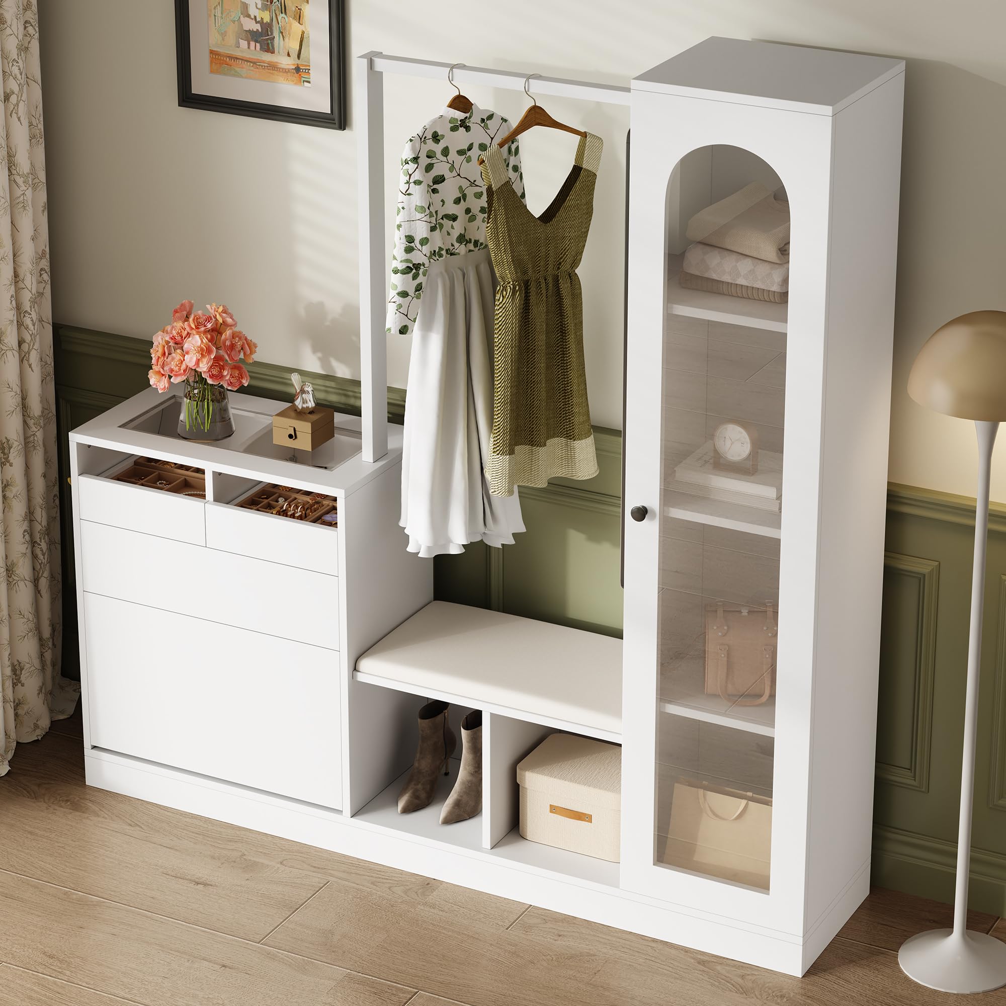 Recibidor 6 en 1 de Madera, Entrada y Vestidor, Blanco, 163x35x161 cm