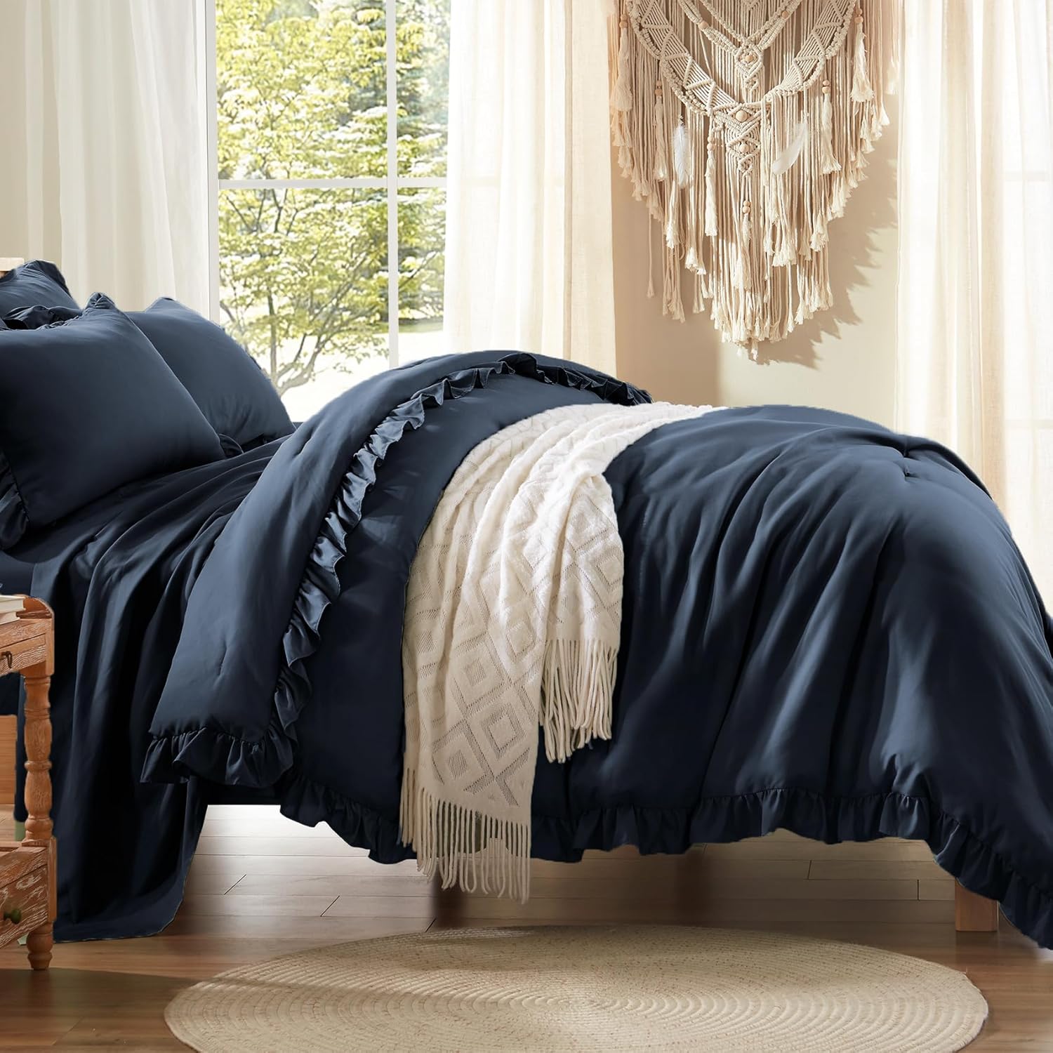 Anluoer Queen Comforter Set 7 Piece, Navy Blue Bed in a Bag with Sheets, All Season Ruffle Shabby Chic Bedding Sets with Comforter, Pillow Shams, Pillowcases, Flat Sheet, Fitted Sheet - Image 3