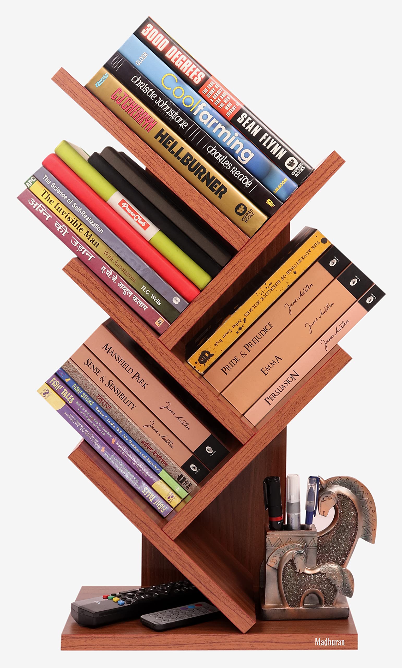 Madhuran Engineered Wood Wall Mounted Cum Free Standing Books Magazine Stands Racks Holder (Teak Finish) / Office Study Table Organiser Living Room Bedroom Storage Pen-picture-15