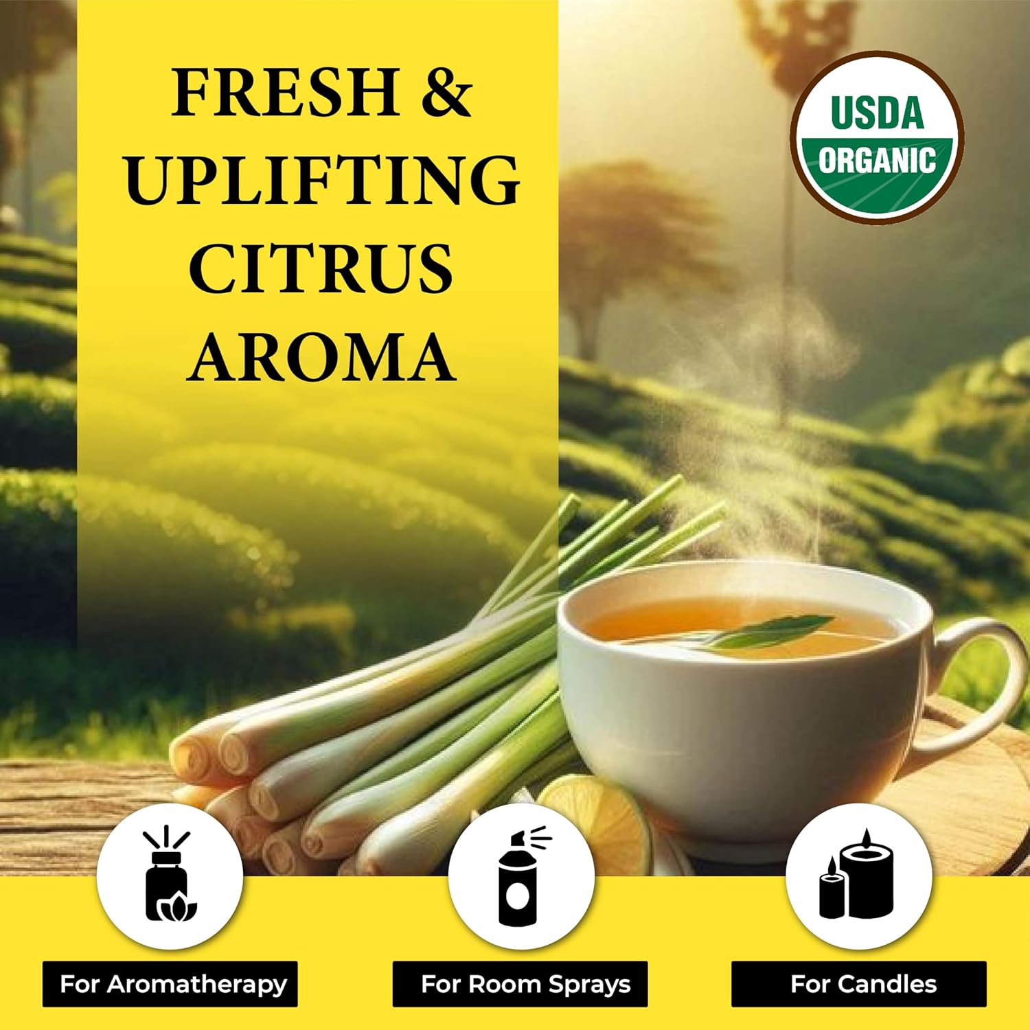 Lemongrass Organic Essential Oil - USDA Certified Cymbopogon Flexuosus, Steam Distilled Pure Citrus Oil for Aromatherapy, Diffuser, Skincare, Haircare, Massage DIY Soap Candle Making - India - 5 ml