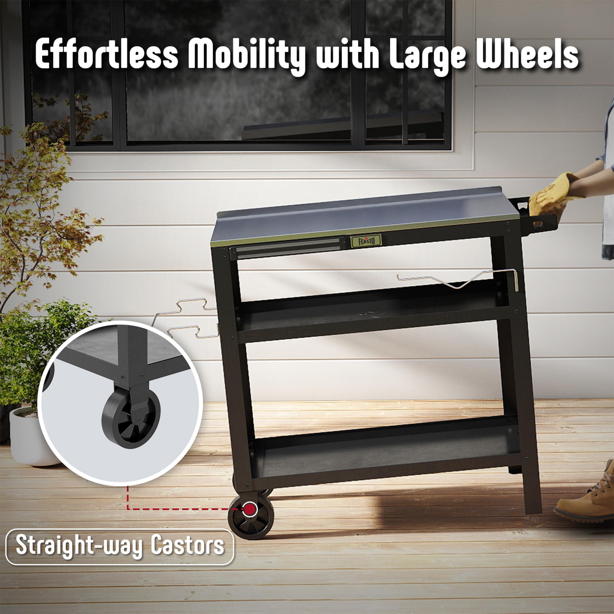 Feasto 80 x 45,7 cm Outdoor-Grillwagen mit Edelstahl-Tischplatte, beweglicher Grilltisch mit Gewürzregal und magnetischem Werkzeughalter, Hinterhof, BBQ, Küche, Lebensmittelzubereitungstisch für
