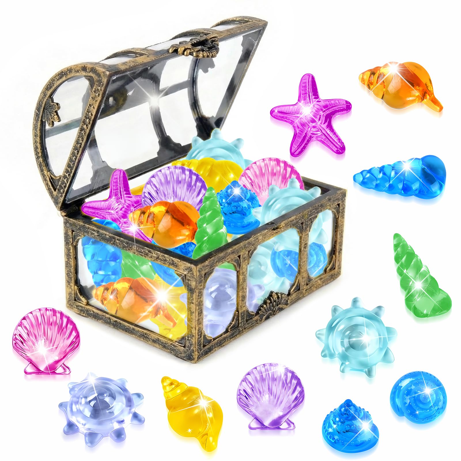 EKKONG Set de Gemas Coloridos, Gemas Piratas de Acrílico, 36 Piedras Preciosas de Buceo con 1 Cofre Pirata, Juguetes de Piscina Diving Gems para Piscinas, Playas y Búsquedas del Tesoro (Bronce)