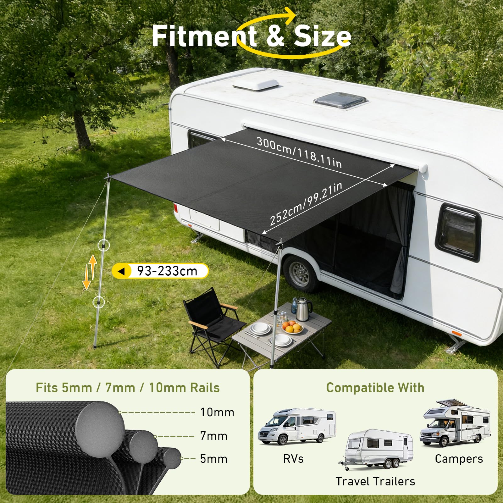 WildFun Sonnensegel Wohnwagen 3 x 2,5 m, Keder 3000mm, Wasserdicht, UPF 50+, mit 3er Kederschiene 5/7/10 mm