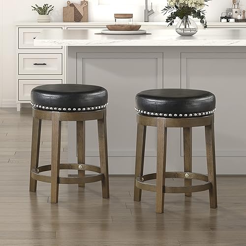 Miniatura 2 de Lexicon Kenmare Swivel Stools Set of 2, Rustic 360 Degree Backless Swivel Counter Stools, Faux Leather Upholstered, Solid Wood Frame, Easy Assembly,