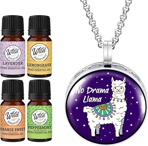 Wild Essentials - Juego de difusor de aceite esencial con collar de llama sin drama, lavanda, citronela, menta, aceites de naranja, 8 almohadillas