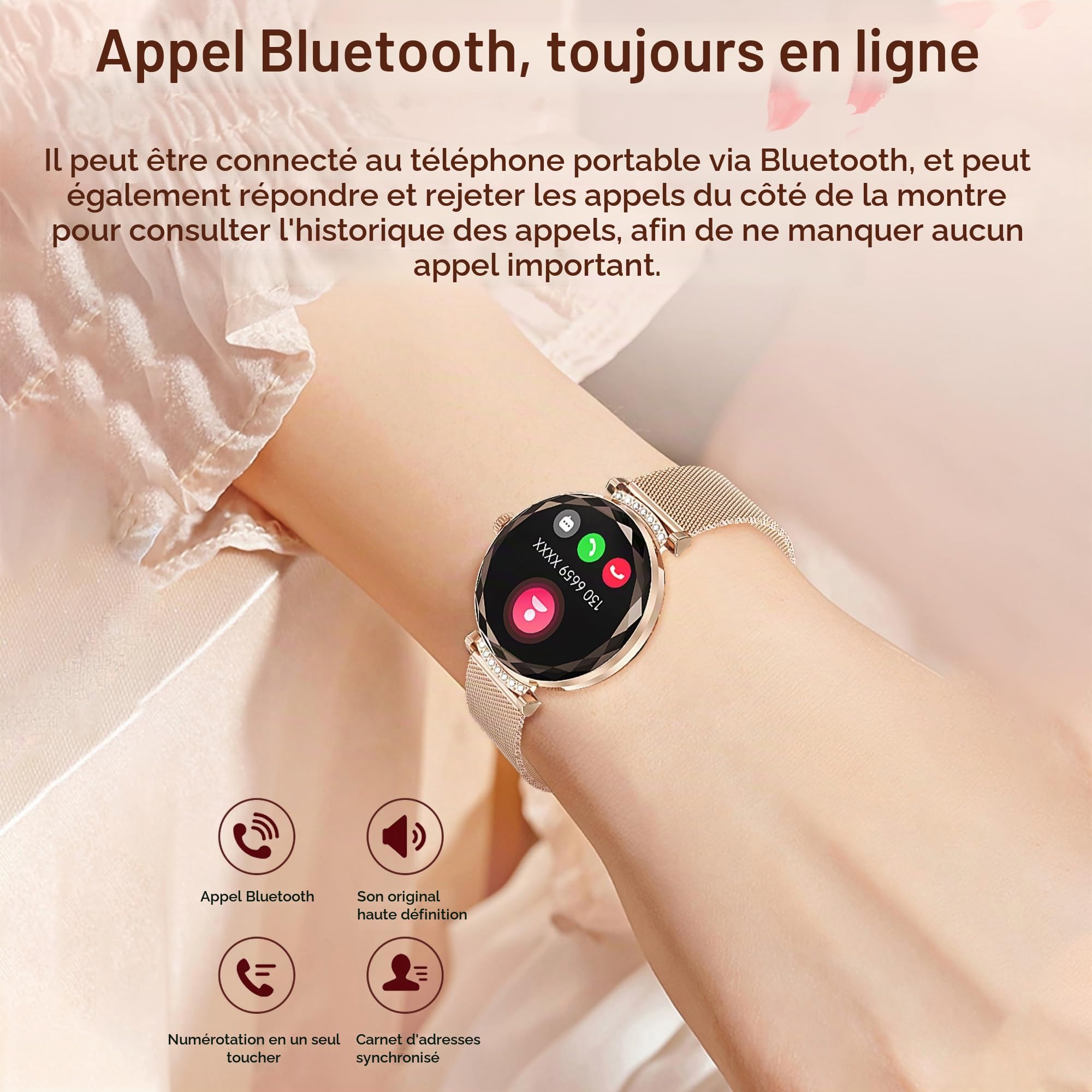 Montres Connectées Femme avec Tension Artérielle/Réponse aux Appels/Rythme Cardiaque/Pas/Sommeil/Multisports/Étanche IP68, Tracker Fitness 1,19" pour iOS Android (Argent avec Diamants)
