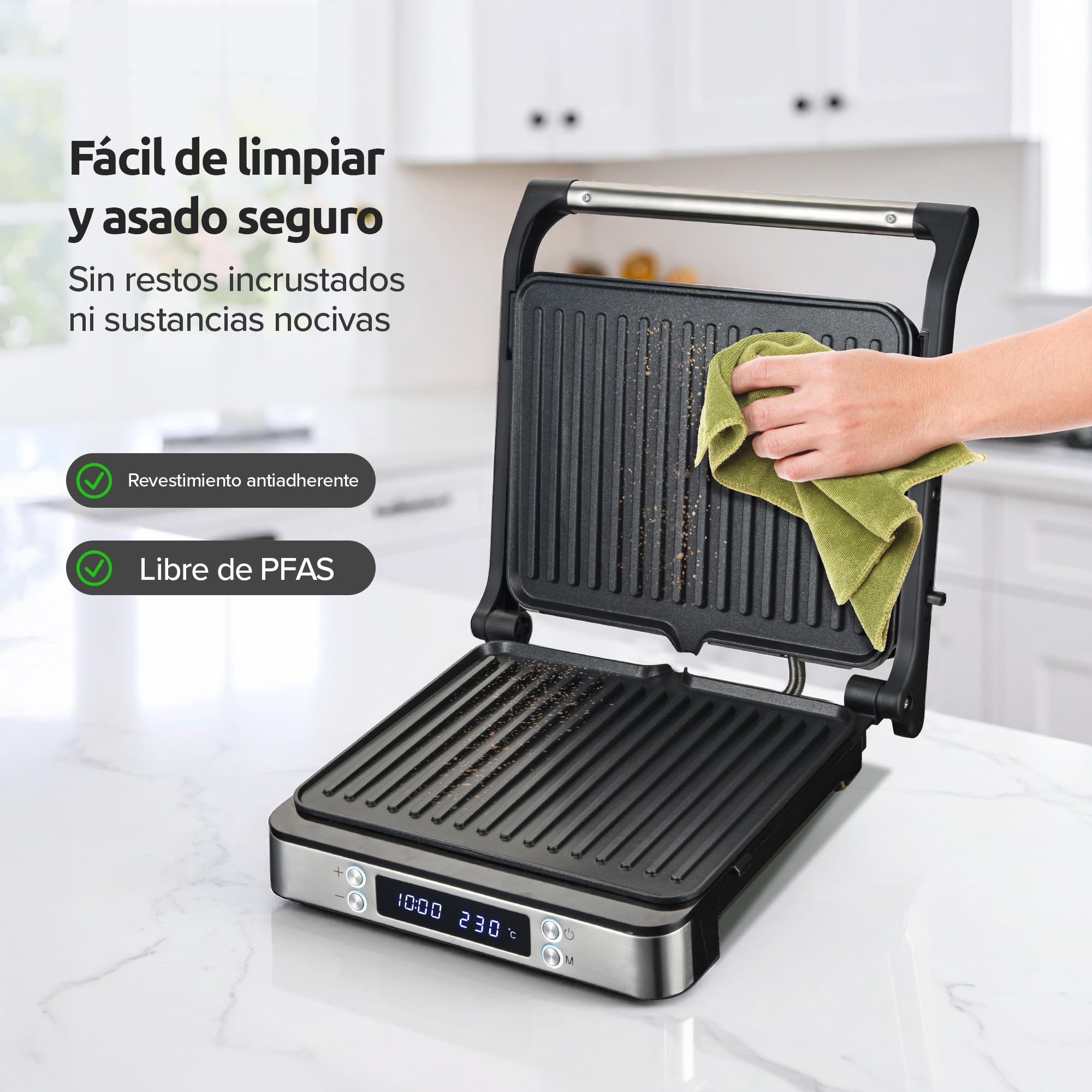 Olvy Sandwichera Eléctrica 2000W, Grill Panini y Parrilla con Placas Antiadherentes, Apertura 180°, Temperatura Automática, Plata