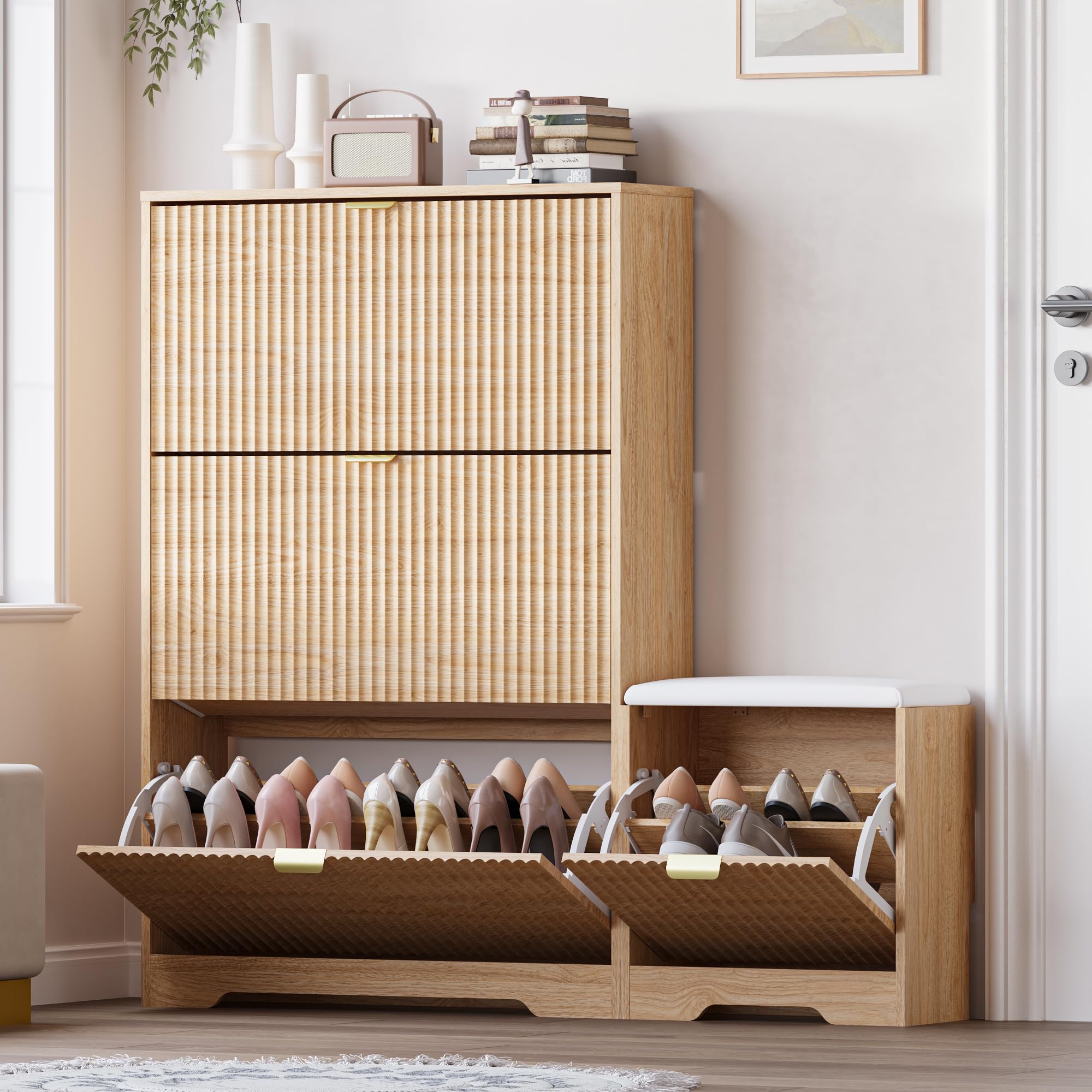 BORNOON Slim Shoe Cabinet with Bench for Entryway, Hidden Storage and Adjustable Shelves, Free Standing Wooden Shoes Organizer for Hallway, Foyer