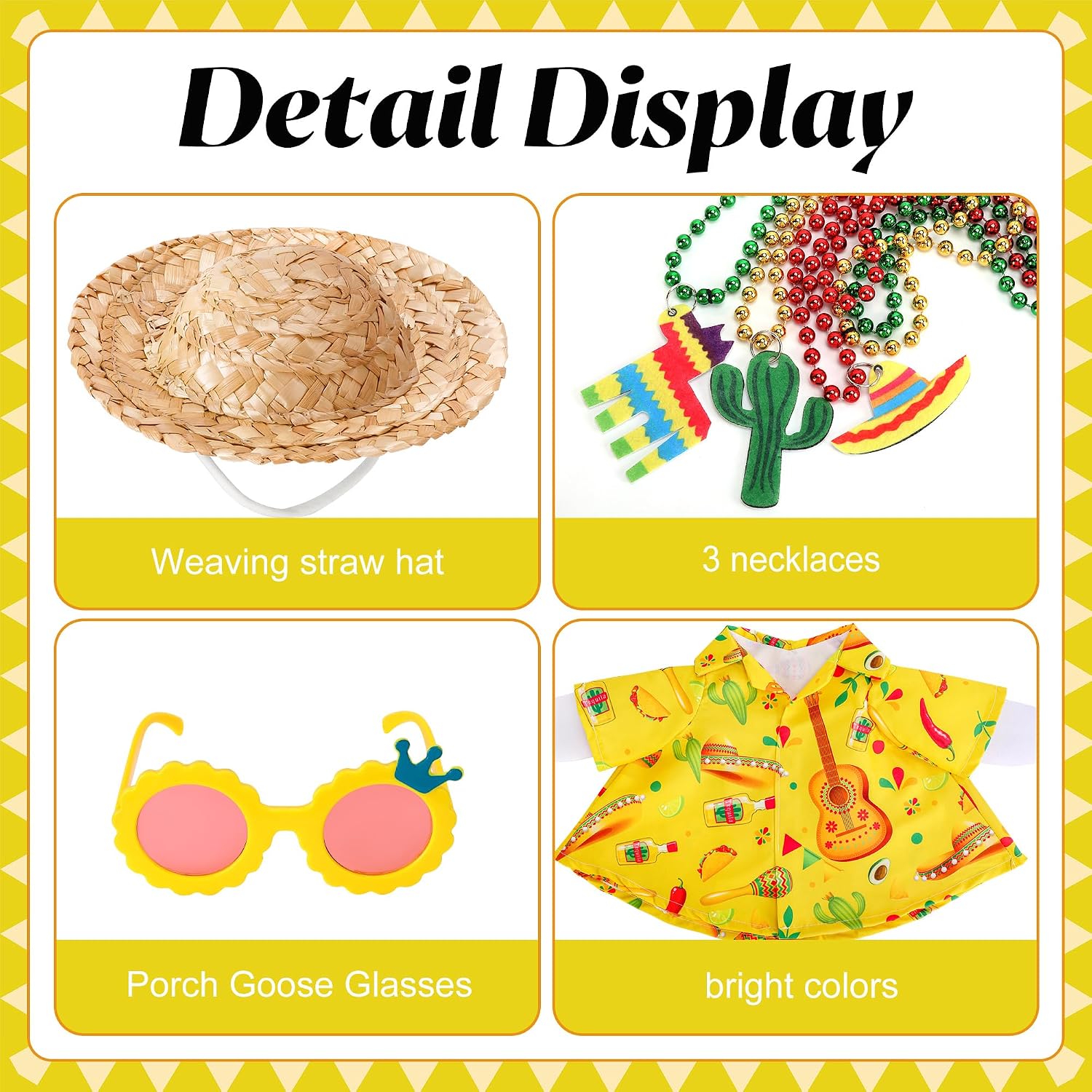 6 Pcs/Set Hawaiian Porch Goose Outfits, Mexican Style Summer Lawn Goose Costume, Garden Goose Clothes Yellow Shirt with Straw Hat Glasses Necklaces for 23" H Statue Outdoor Patio Yard Decor image 3