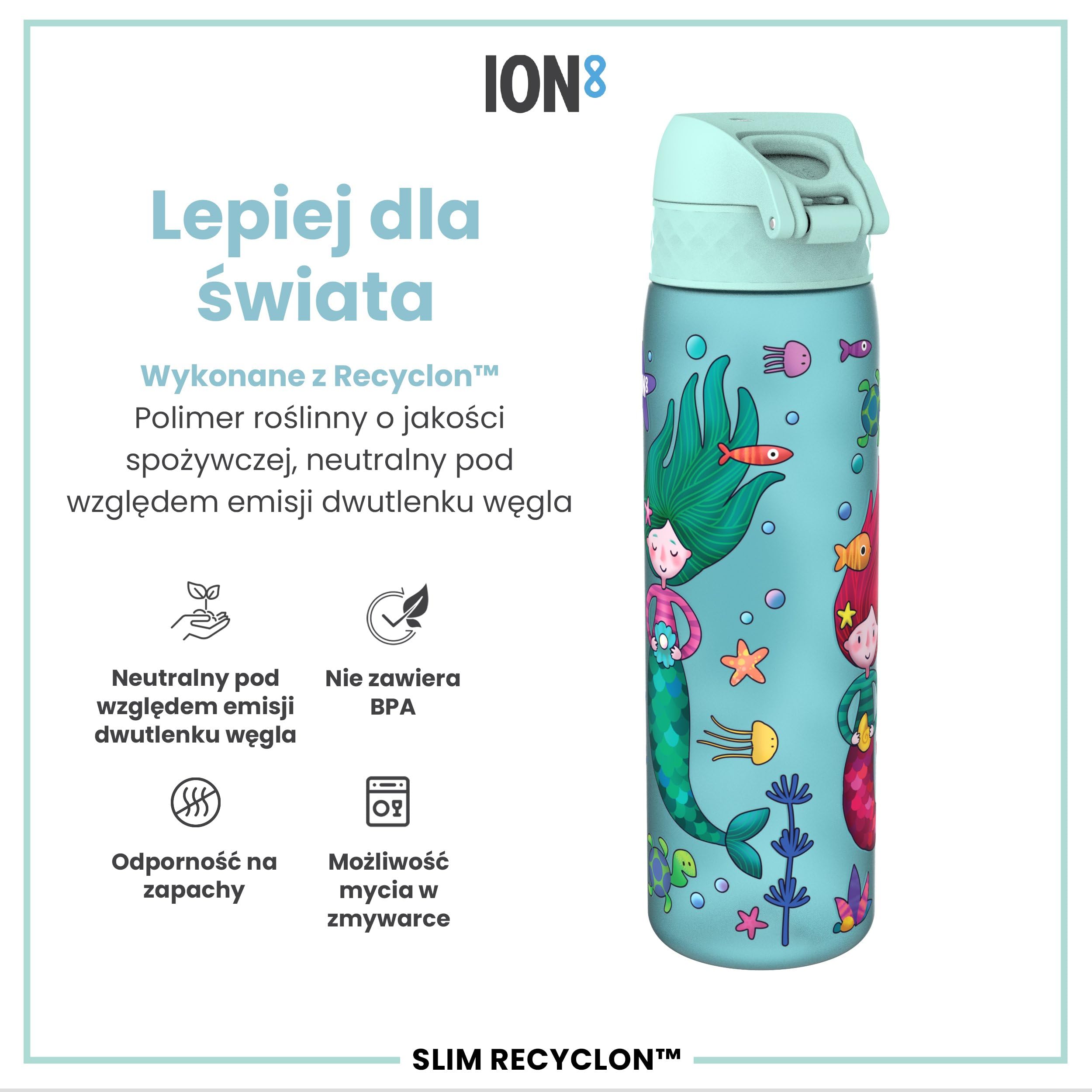 ION8 Butelka na Wodę, 500 ml/18 oz, Szczelna, Łatwe Otwieranie, Bezpieczny Zamek, Można Myć w Zmywarce, Bez BPA, Higieniczne Pokrycie, Uchwyt do Przenoszenia, Łatwa Czyszczenie, Bezwonny, Syreny