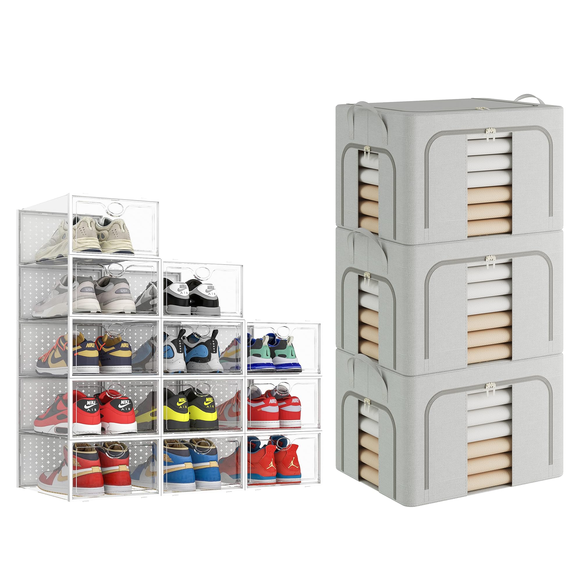 Pinkpum XXL Large Shoe Storage Boxes Fit Size 14 and 3 Pack Grey 66L Clothes Storage Bins with Metal Frame