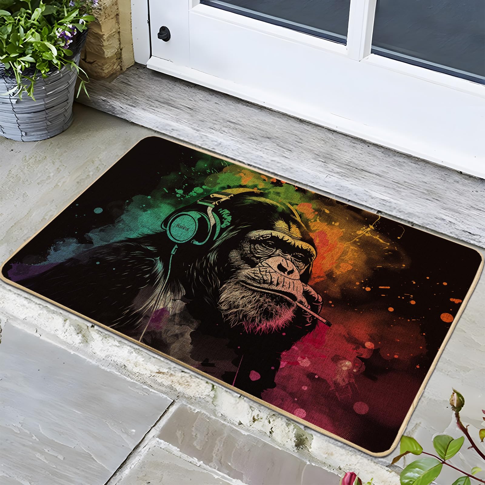 Abstract Chimp Doormat, Colorful Monkey Door Mat for Outdoor & Indoor Entrance Summer Decor, Waterproof Non-Slip Dust Absorbent Welcome Doormat, Easy Clean 29x17 Inch