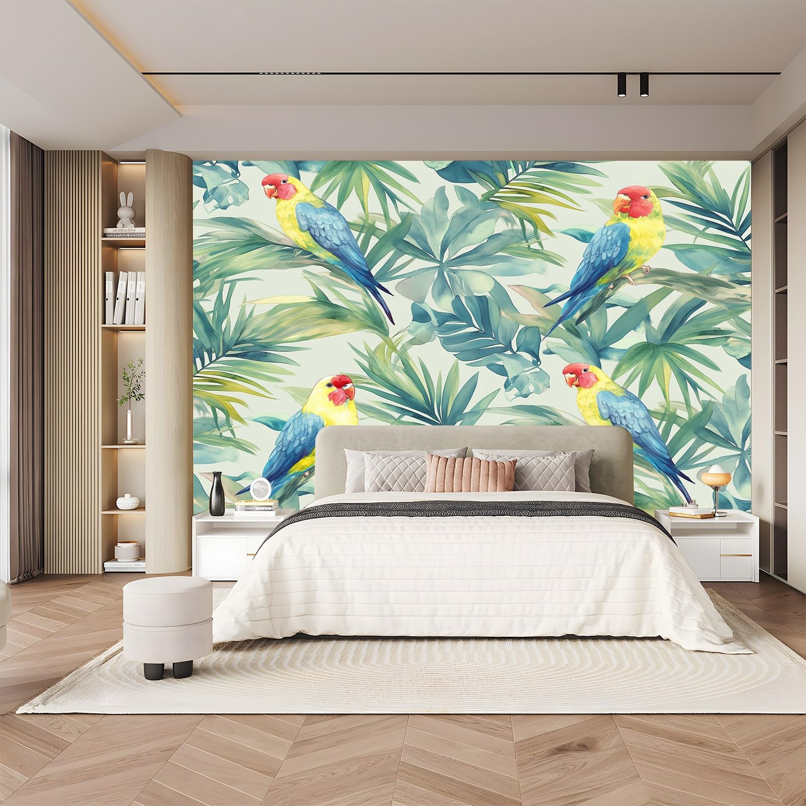 Nowoczesna tapeta naklejka na meble zielona tapeta z liści i ptaków, 350 x 256 cm z dekoracyjną tapetą z włókniny, nadaje się do salonu, sypialni