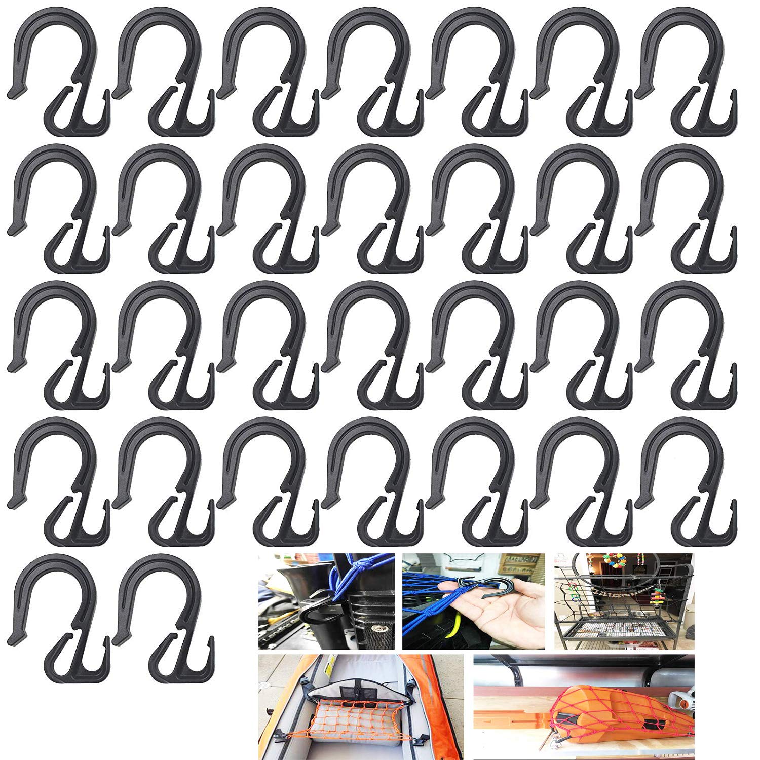 30 Pack, Heavy-Duty Nylon Shock Cord Bungee Rope Hooks,Quick Bungee Cord Cargo Net Hook to Make Your Own Bungee Cords for Kayak,Boat,Motorcycle,SUV,Truck Bed Car Rear Cargo Trunk Storage Organizer Net