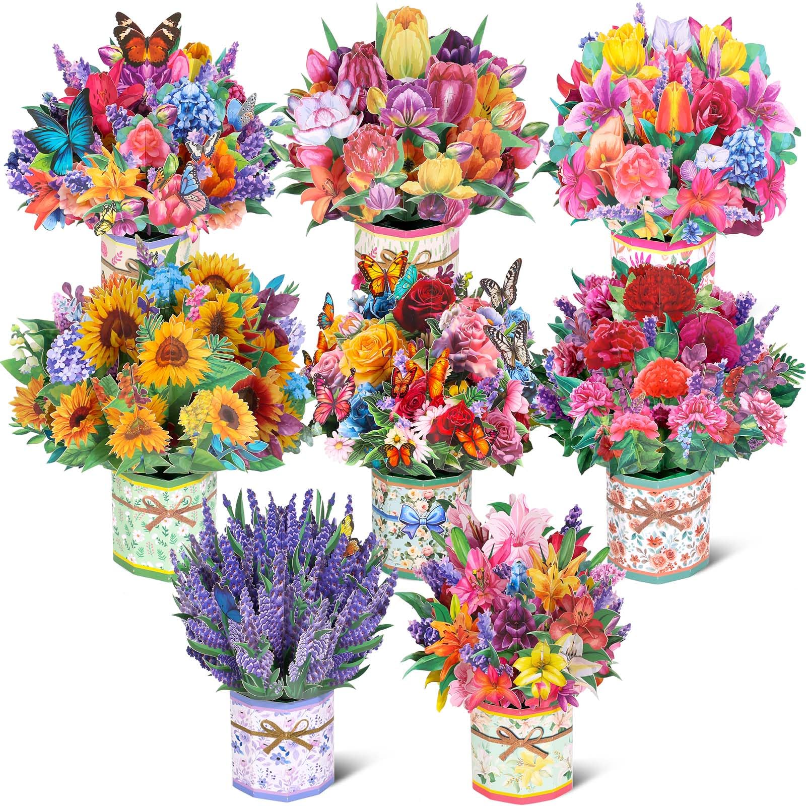 8 Pack Paper Flower Pop Up Cards Flower Bouquet Card Popup 3D Greeting Cards for Mothers Day Graduation