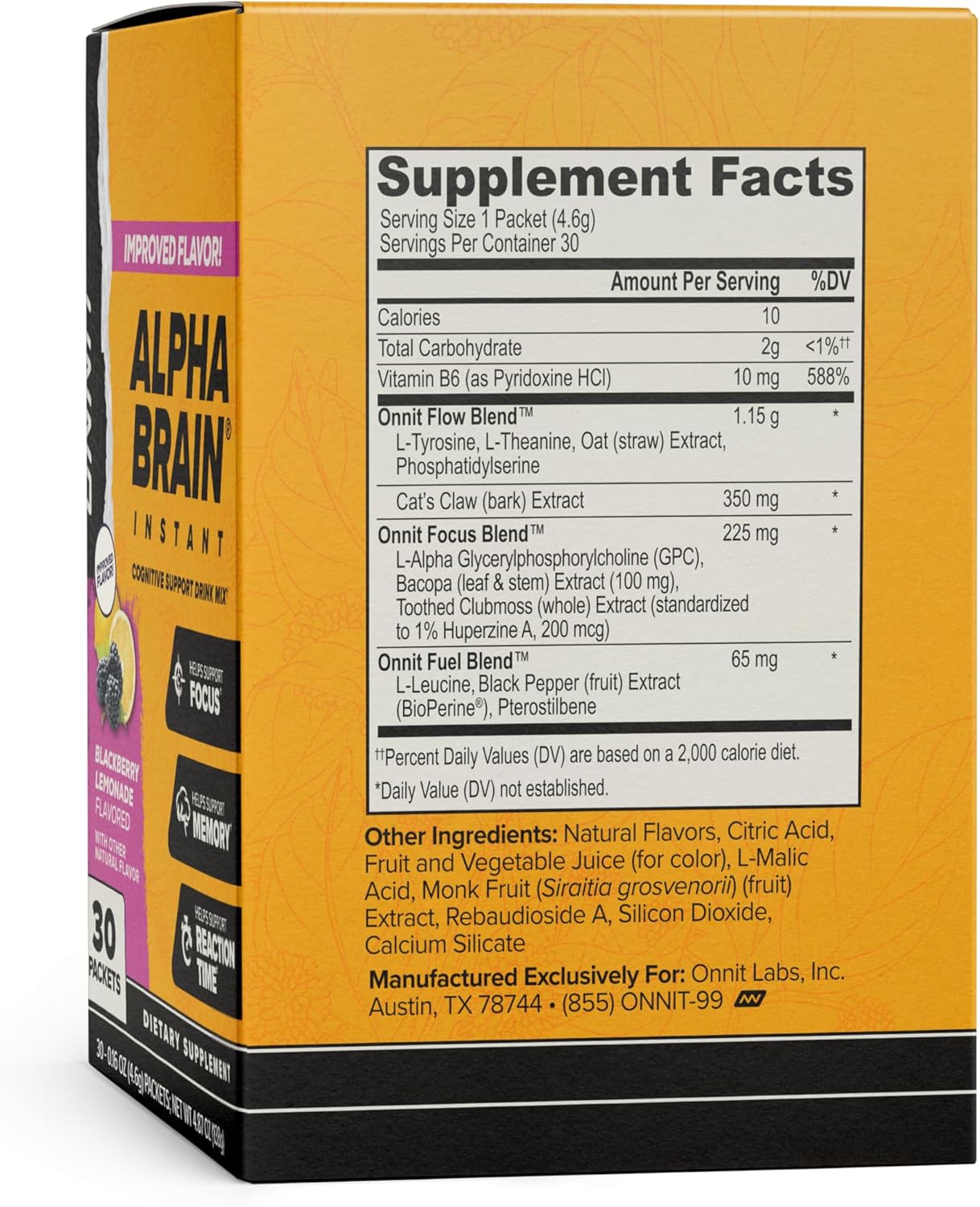 ONNIT Alpha Brain Instant Cognitive Support Drink Mix, BlackBerry Lemonade Flavor, Nootropic Supplement for Focus, Memory, and Clarity, 0.13 oz Packets, 30 Count
