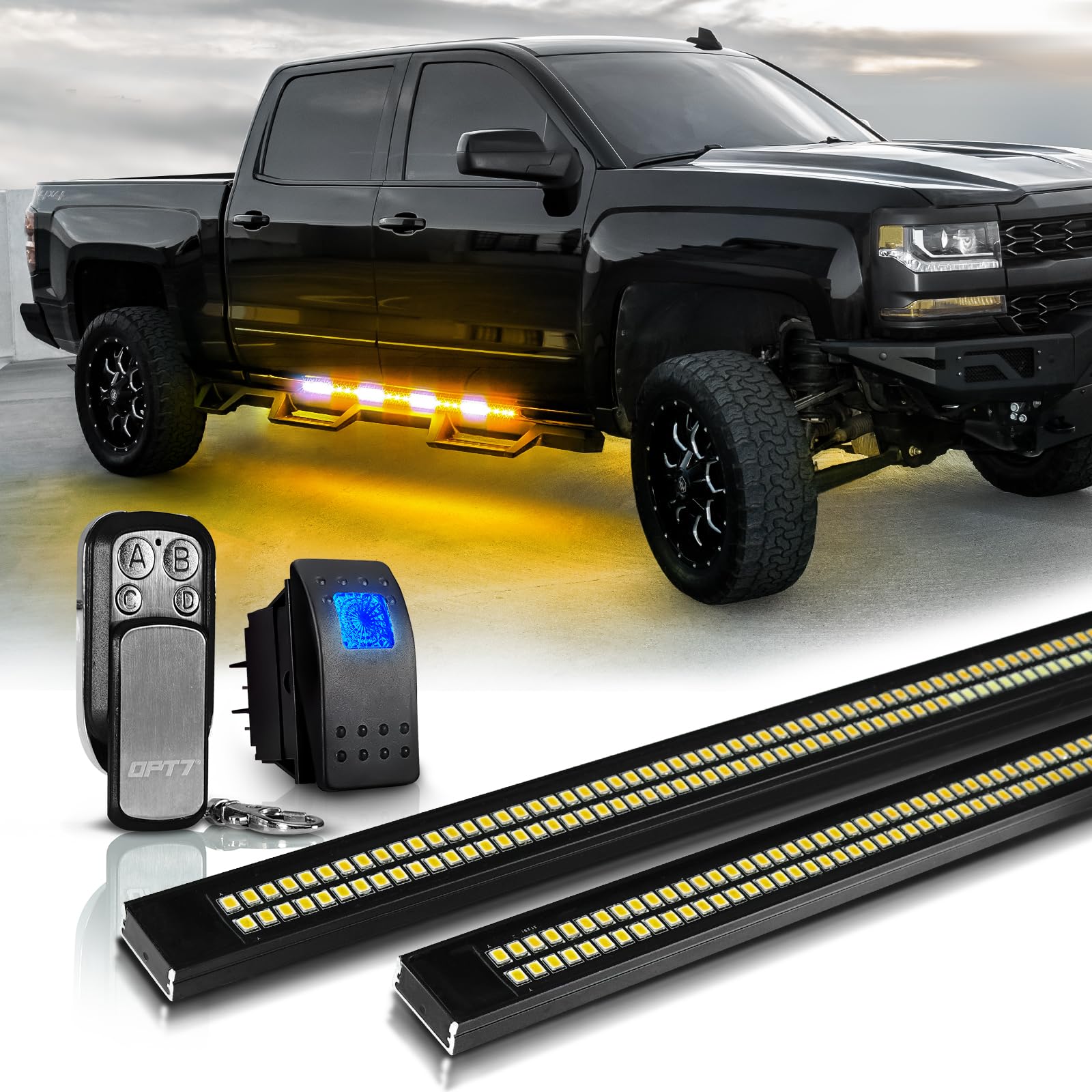 Sidekick 56" Aluminum LED Strobe Running Board Light Bar (2PCS) - Amber White Warning Flashing, Sequential Amber Turn Signal - Weatherproof Rigid Emergency Safety Light Strips for Crew Cab Trucks