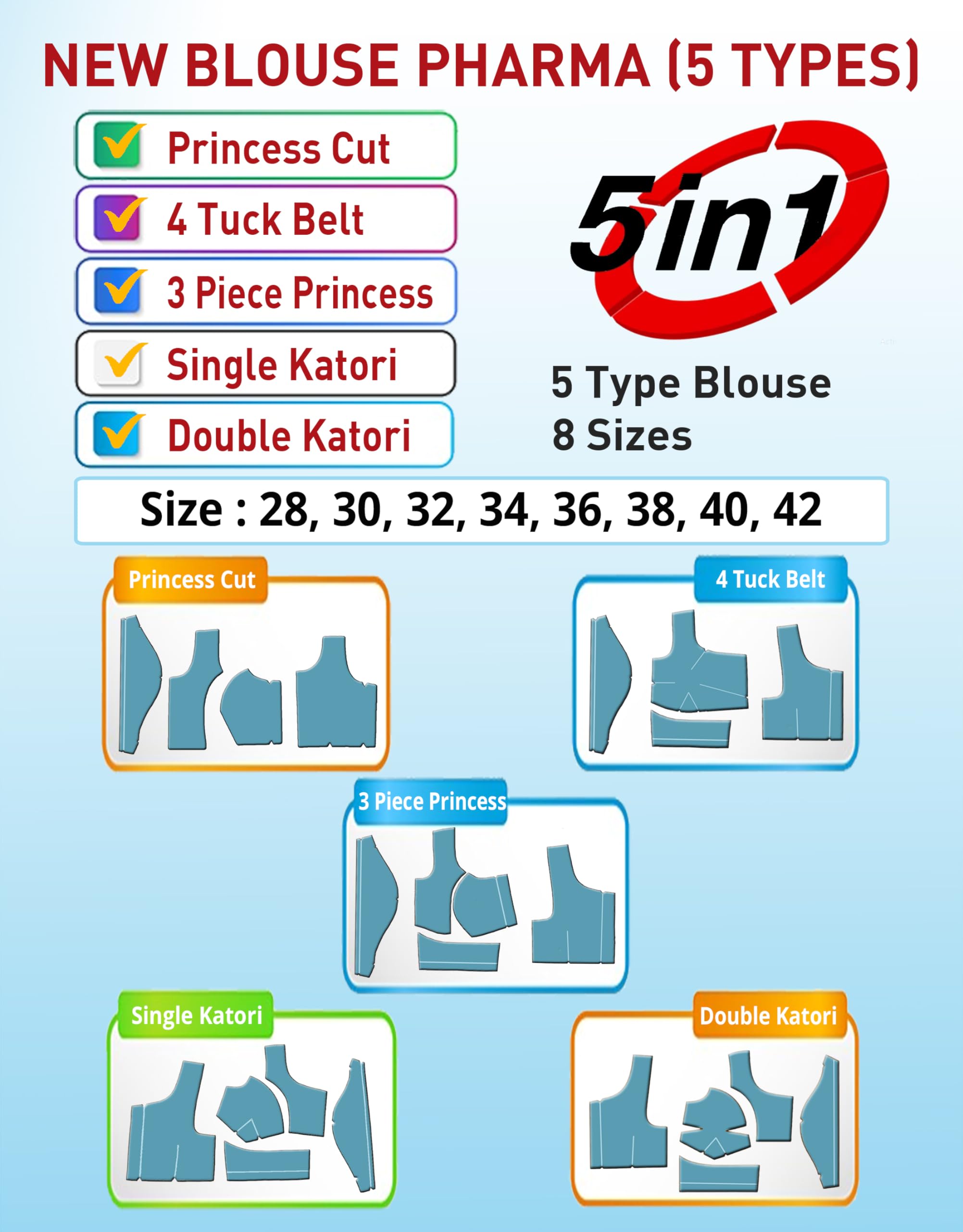 5 in 1 Combo Blouse Paper Cutting Farma Pattern | Size - 28 To 42 | White Color | Waterproof | Laminated Fabric | Durable | 5 in 1 - Single Katori, Double Katori, Princess Cut, 3 Piece Princess, 4 Tuck Belt Blouse