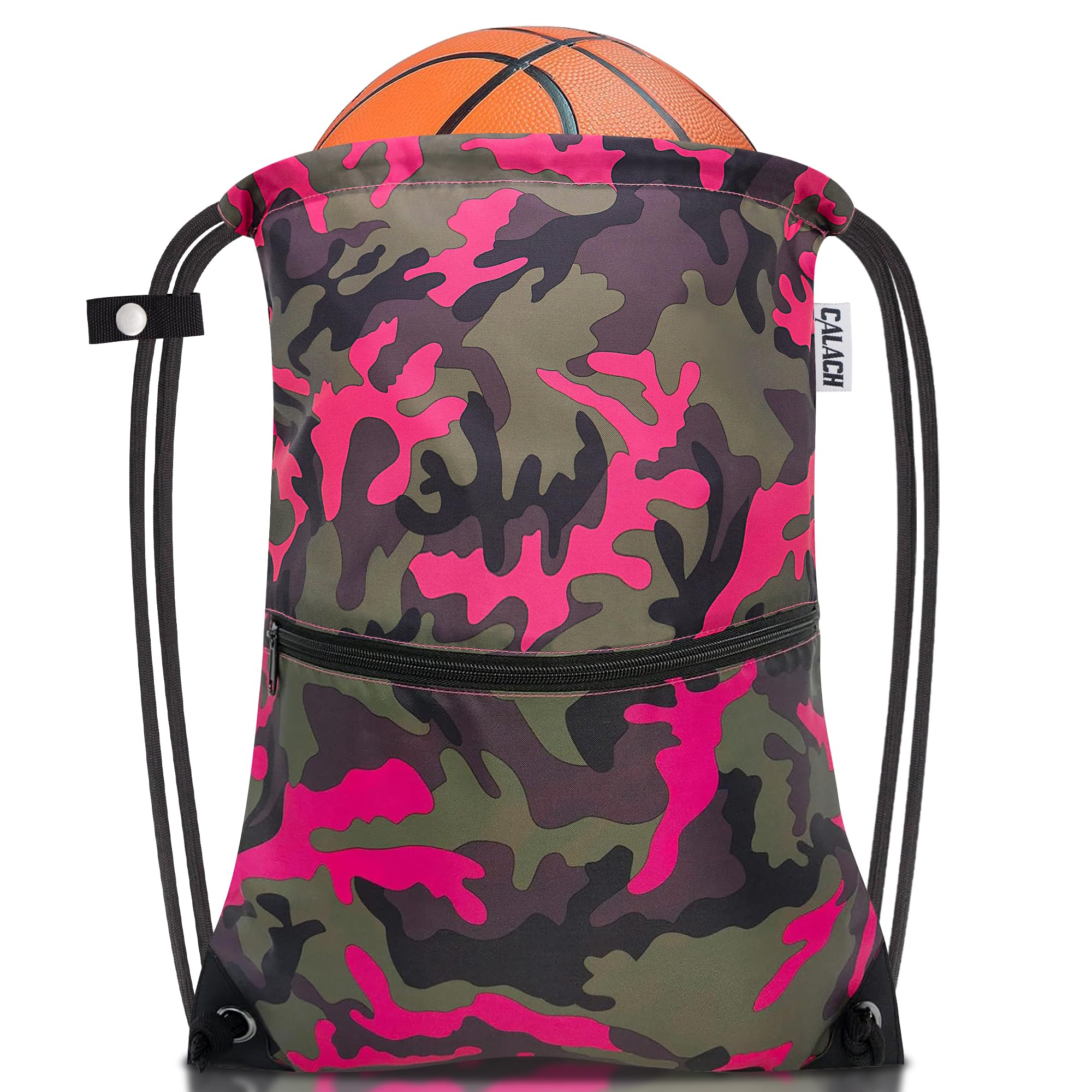 CALACH draw string back bag, Large Gym Sports string backpack for men and women with front zipper pocket and inside zipper pocket to keep key or phone