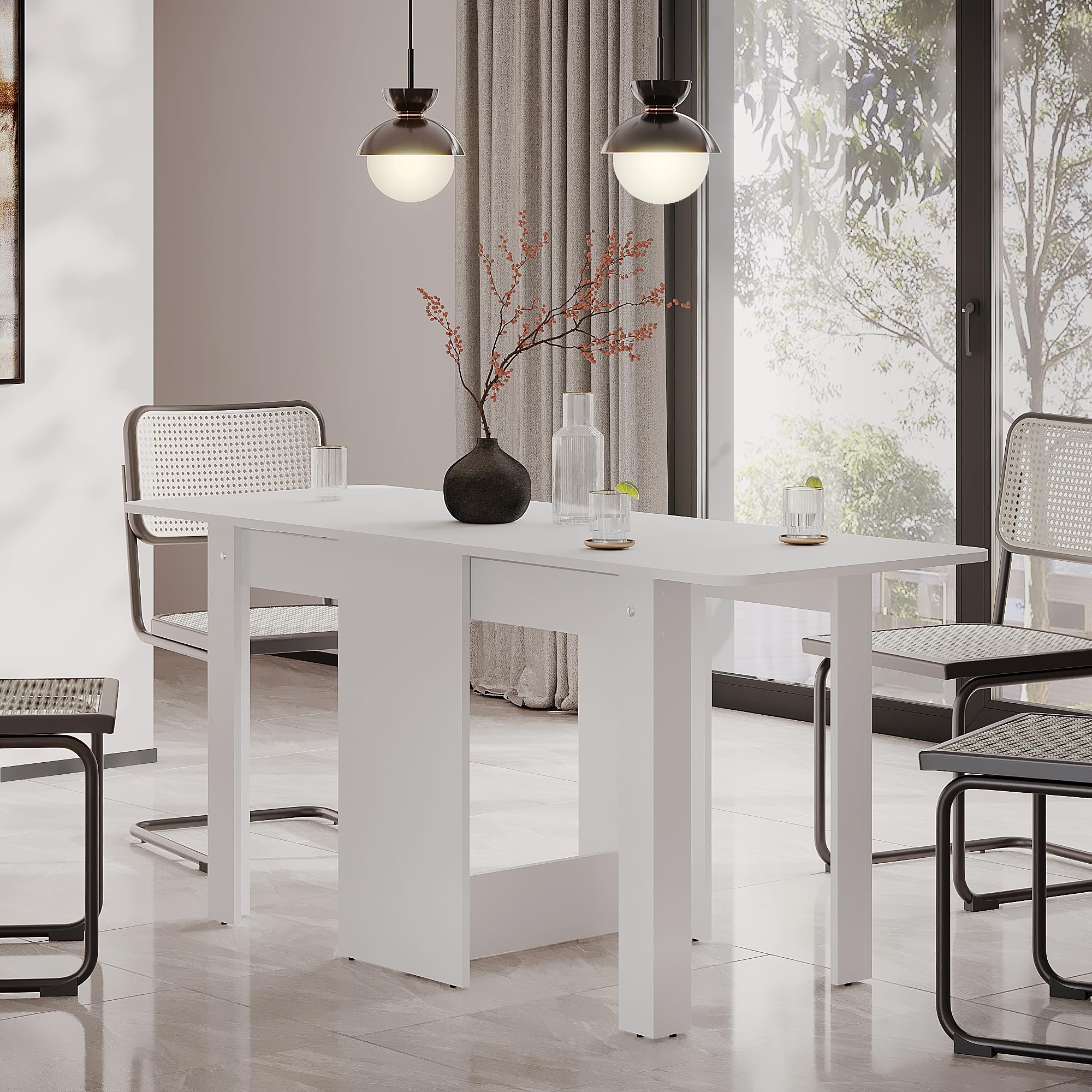 Komto Table a Manger Pliante Blanche - Table de Cuisine 2-4 Personnes, Pliable, Rabattable Gain de Place pour Petit Espace | MOVA 163 x 60 x 72,6 cm