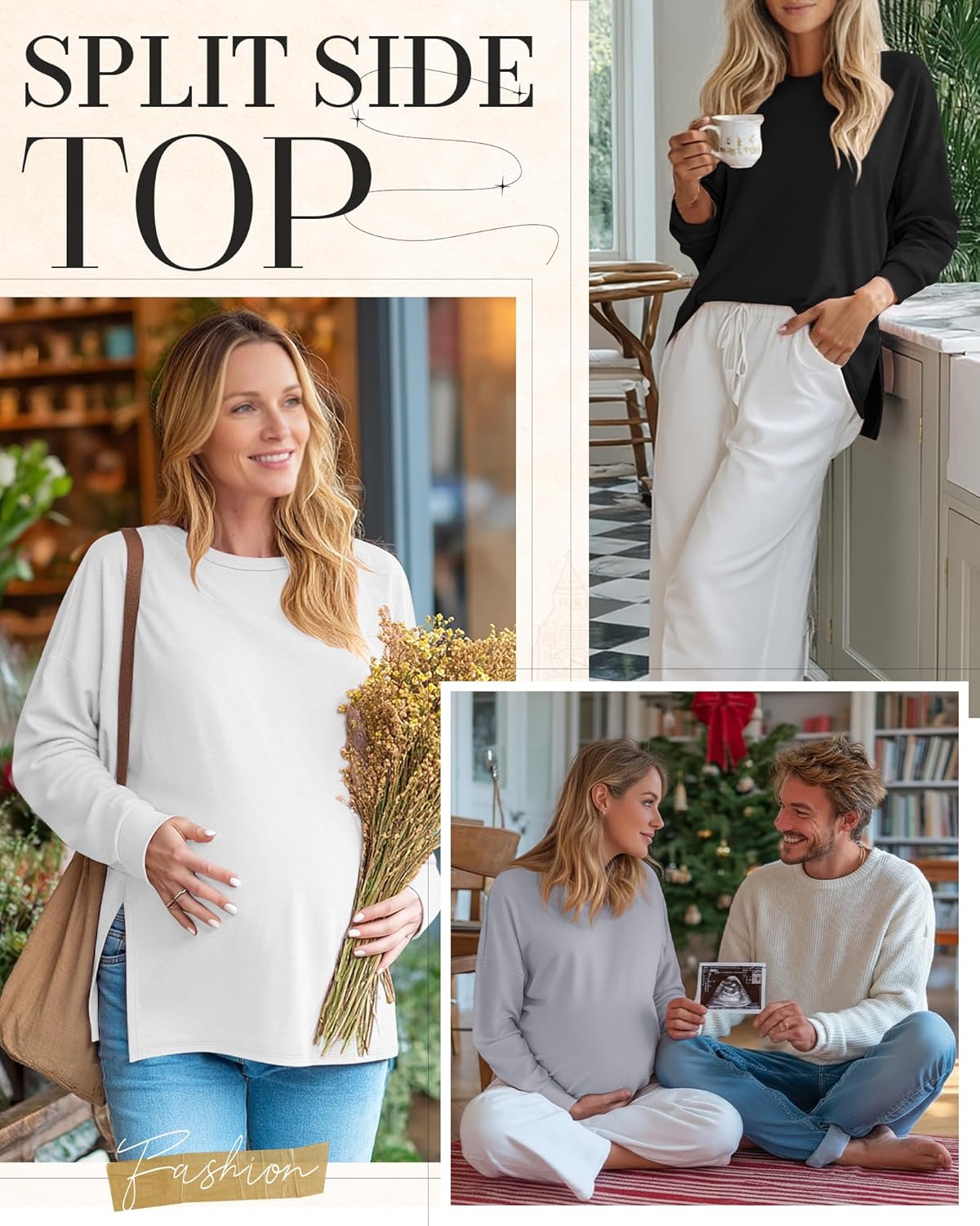 Ficerd 4 Pack Women's Casual Maternity T-Shirts, Long Sleeve Crew Neck Split Side Tee Tops Shirts Loose Fit Pregnancy Clothes - Image 3