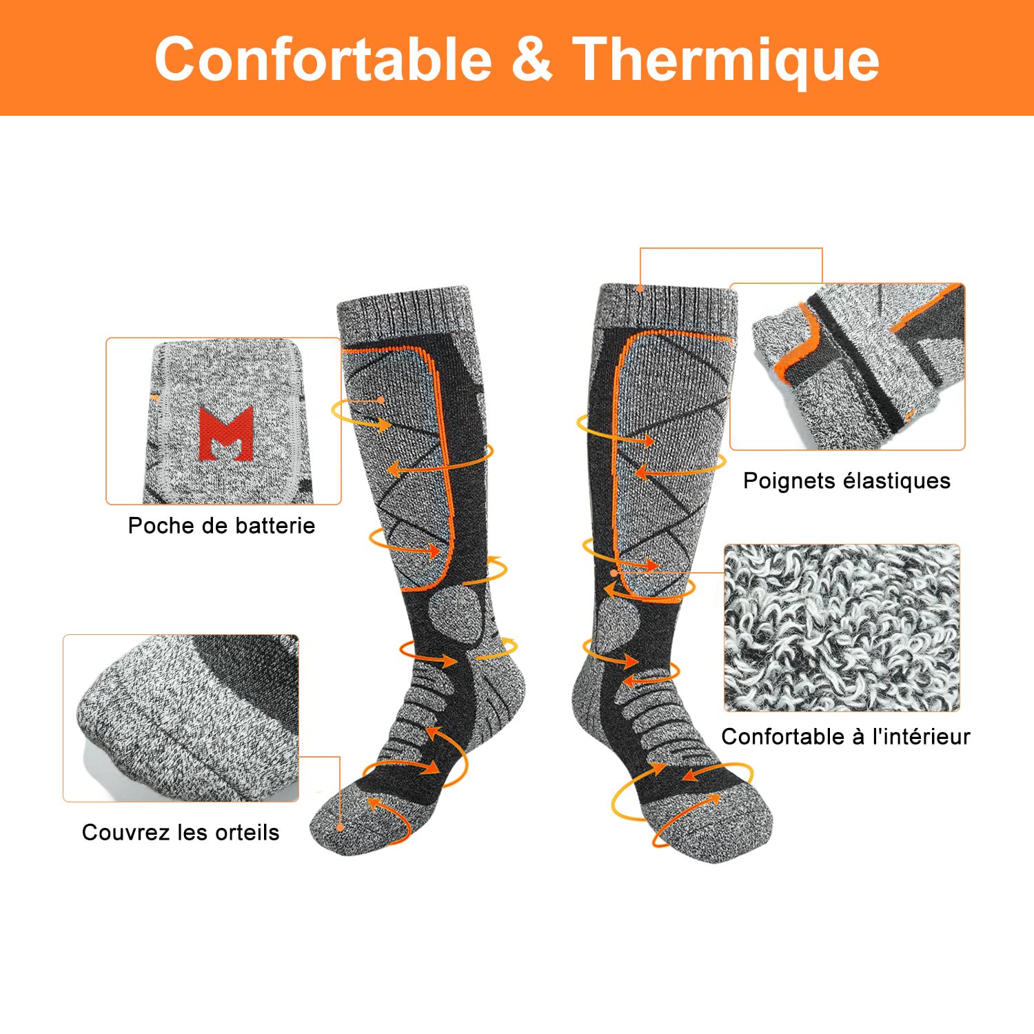 Chaussettes Chauffantes Rechargeables 2026 – 2x5000mAh – 3 Températures (45-65°C) – Lavables – Ski, Chasse, Randonnée