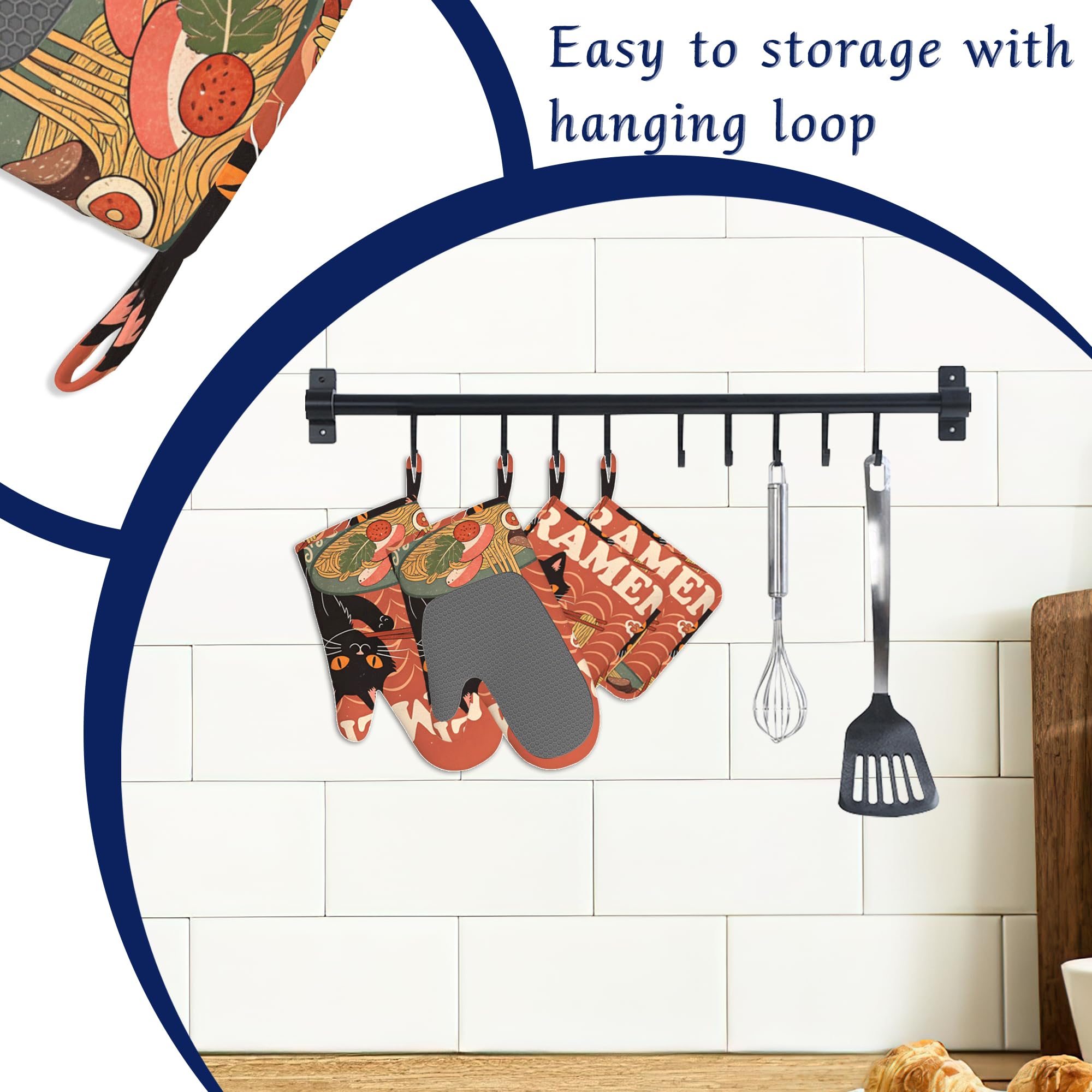 Juego de 4 manoplas de horno y soportes para ollas, diseño de gato negro, juego de 4 guantes largos antideslizantes resistentes al calor, para cocinar, hornear, regalos para mujeres y hombres