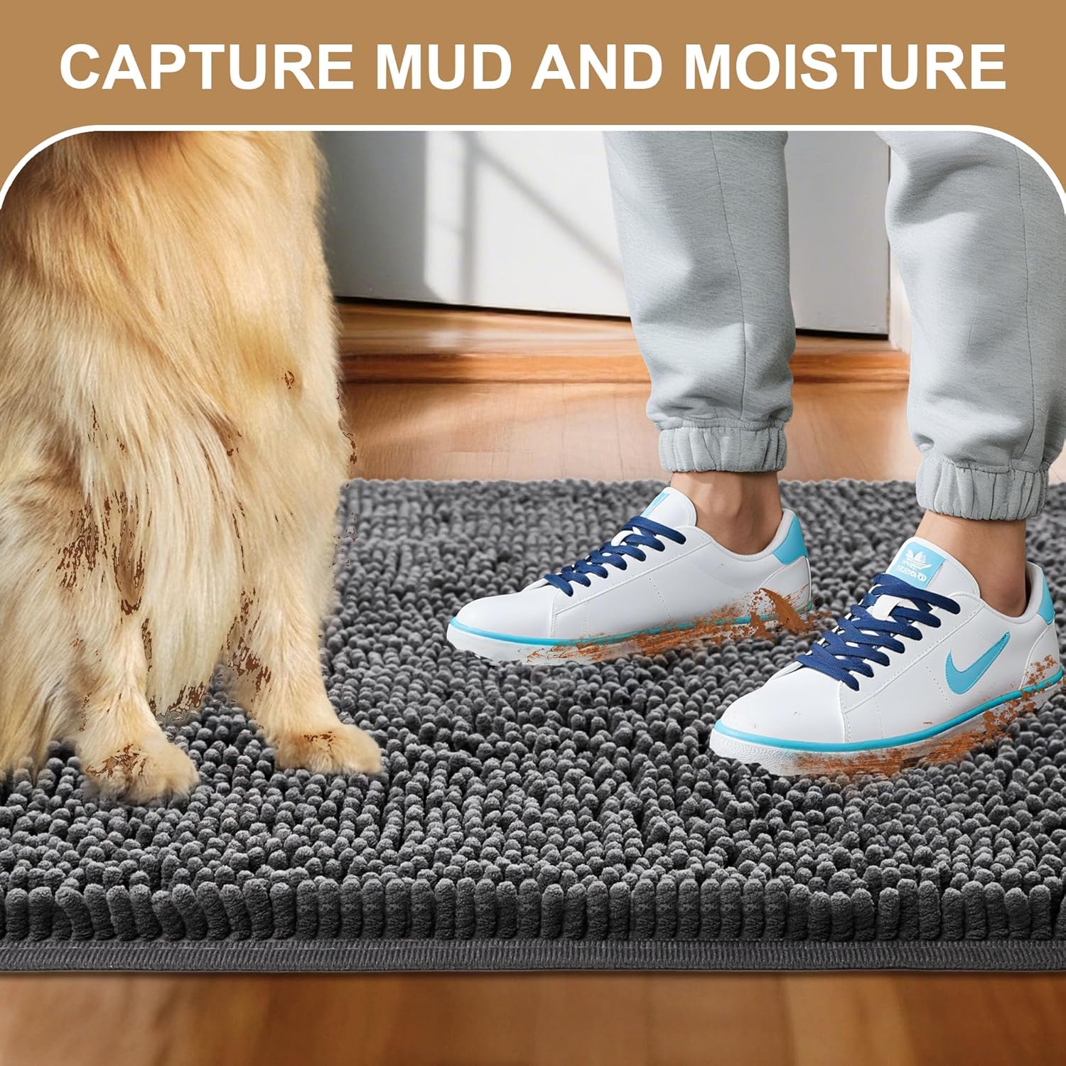 Amyracel Absorbent Dog Door Mat for Muddy Paws, 60" x 24" Non Slip Washable Door Mat Indoor Entrance, Quick Dry Chenille Pet Entry Rugs for Entryway Indoor, Grey - Image 2