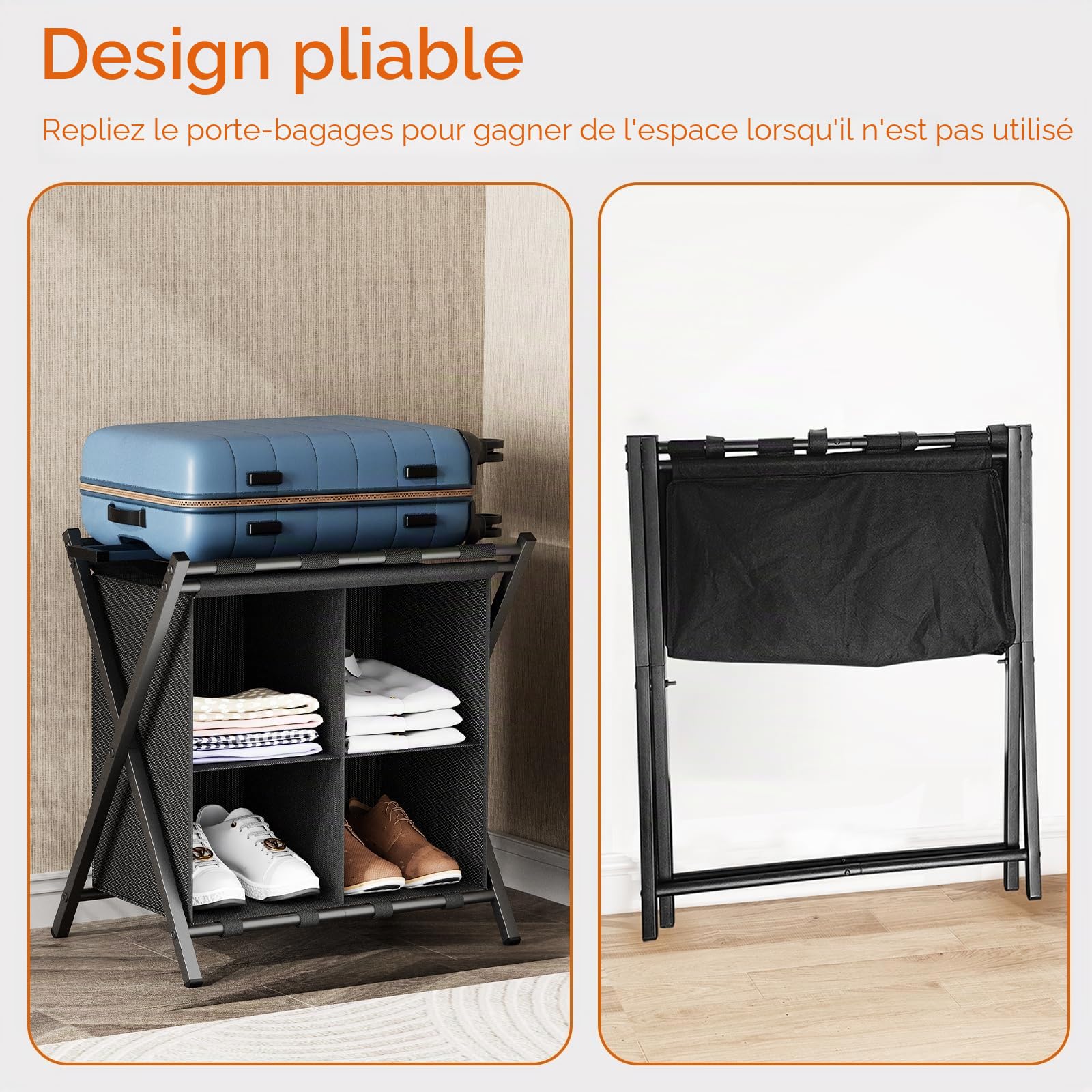 Support de valise, porte-bagages, porte-bagages pliable, avec compartiments de rangement, pour chambre d'amis, chambre à coucher, hôtel, bagages (noir)
