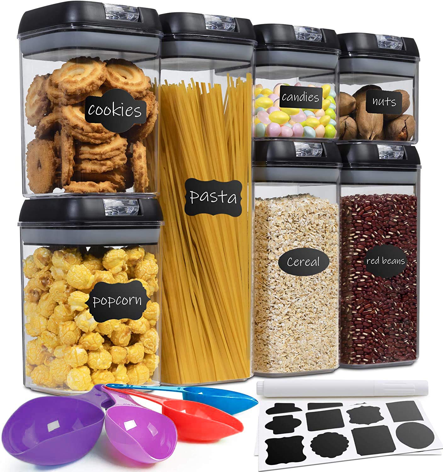 Airtight Food Storage Container Sets-Kitchen Pantry & Counter-top Organizer -7 PC -20 Labels+Marker & Measuring Cups-BPA Free-Heavy Duty Clr Plastic CNTR. for Flour-Cereal-Rice-w/Improved Lids